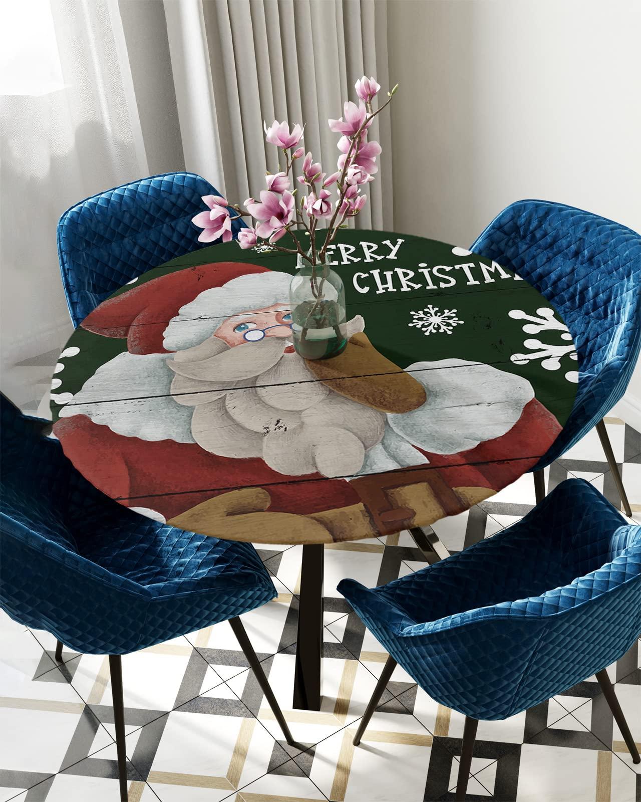SEVENBABU SEVENBABU Round Table Cover 45-54 Inch, Waterproof Reusable Table Cloth Round Fitted Vinyl Tablecloth with Elastic Edged for Parties Outdoors, Merry Christmas Joy Santa Claus Green Wood Grain