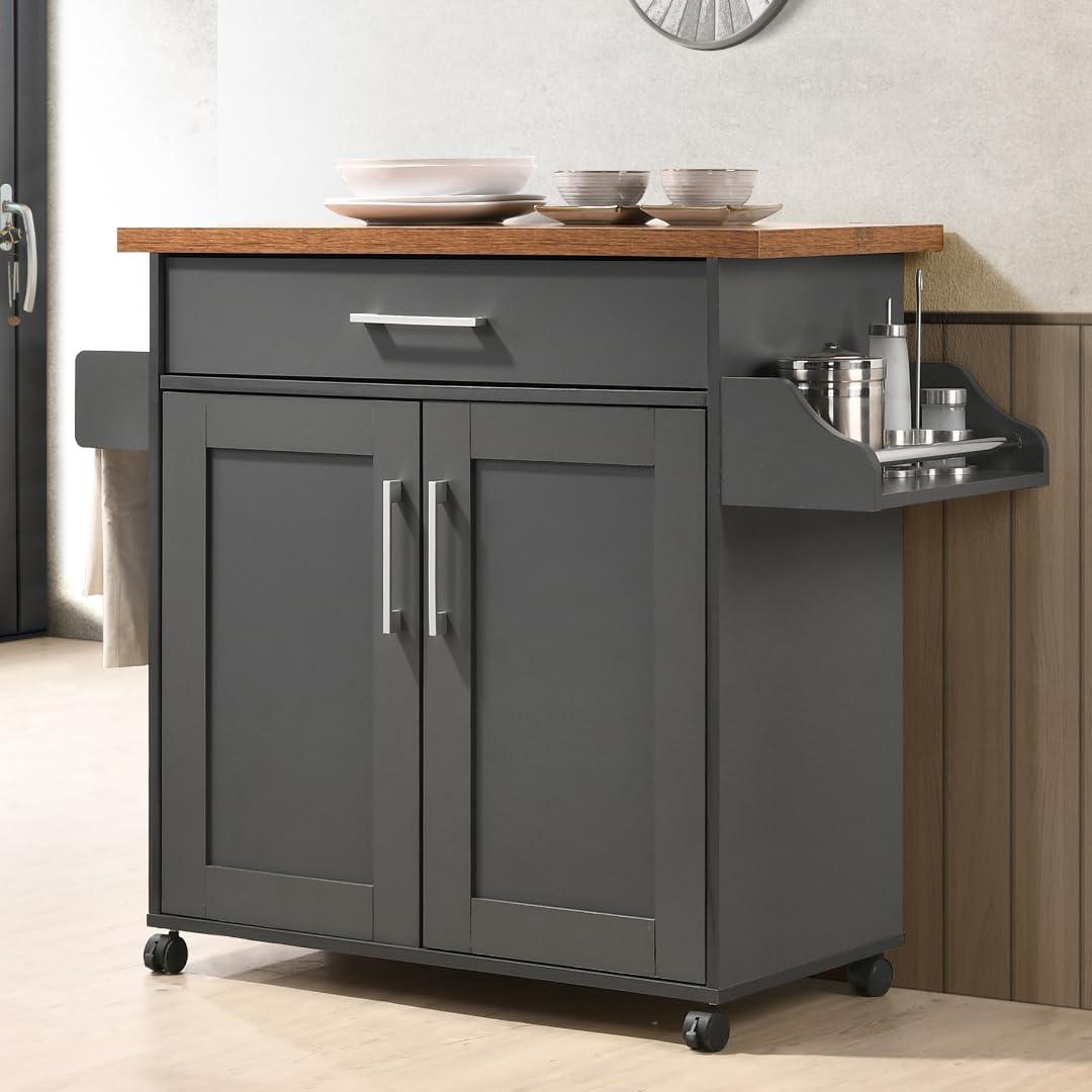 Hodedah Hodedah Kitchen Island with Spice Rack, Towel Rack & Drawer, Grey with Oak Top