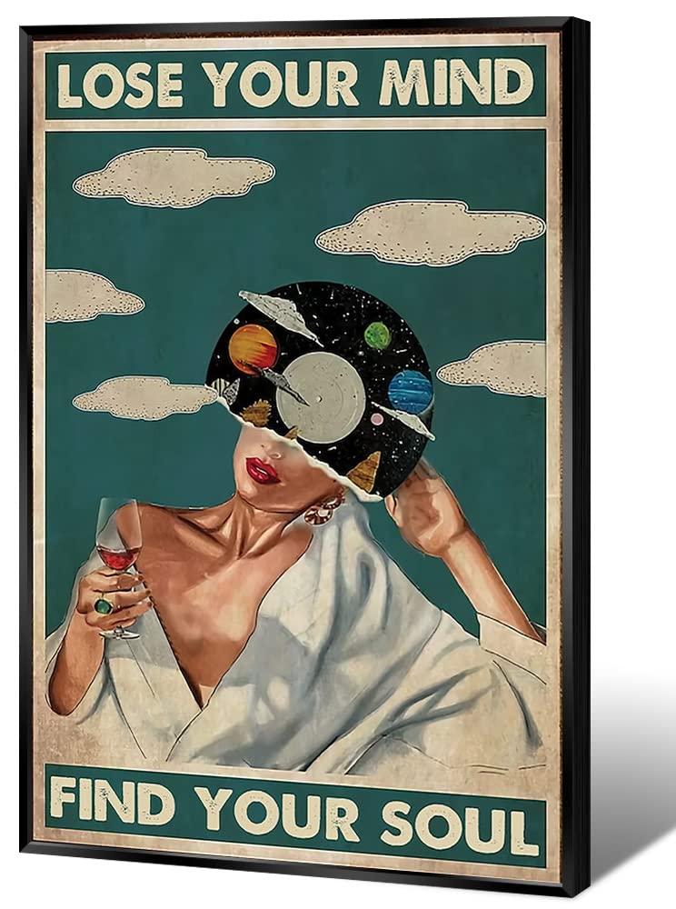 Quark Quark Vintage Lose Your Mind Find Your Soul Poster Mental Health Canvas Wall Art Abstract Aesthetic Music Girl Print Painting Modern Mid-Century Wall Decor for Bed Room Bathroom 12x16in Framed