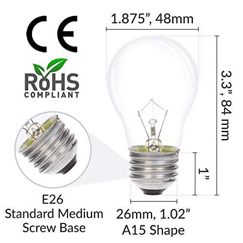 Simba Lighting Simba Lighting Appliance Light Bulb A15 40W (6 Pack) Incandescent Mini-Standard Shape with E26 Standard Medium Screw Base for Refrigerators, Ovens, 110V 120V 130V, Dimmable, 2700K Warm White