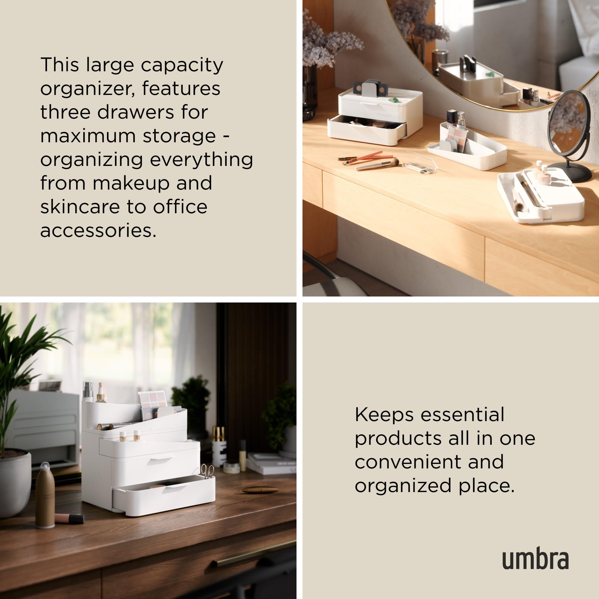 Umbra Umbra Glam Organizer, Large Cosmetic and Makeup Organizer with Three Drawers, Rubber Feet and Removable Dividers, White/Grey