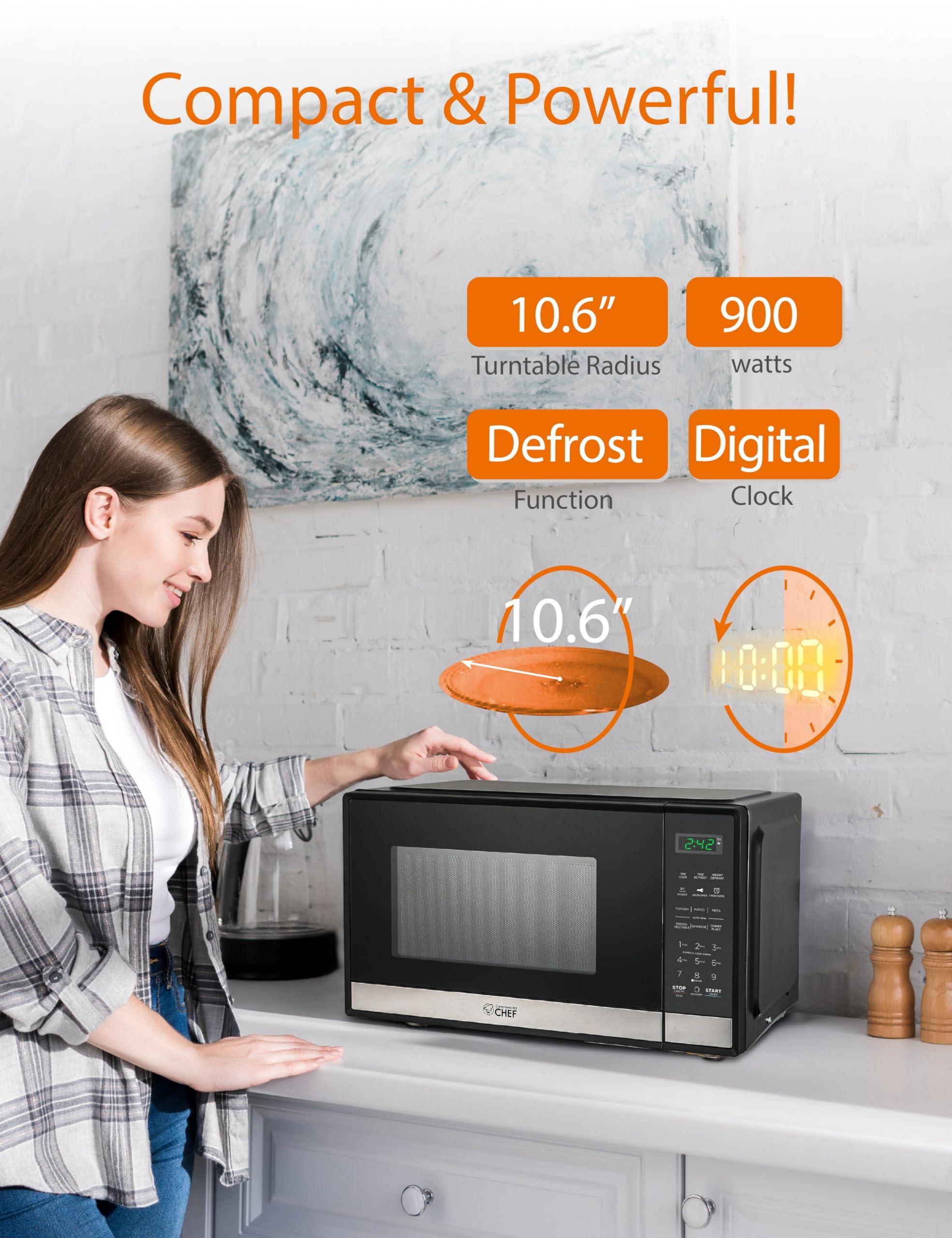 Commercial CHEF Commercial CHEF Small Microwave 0.9 Cu. Ft. Countertop Microwave with Touch Controls & Digital Display, Stainless Steel Microwave & 10 Power Levels, Outstanding Portable Microwave with Pull Handle