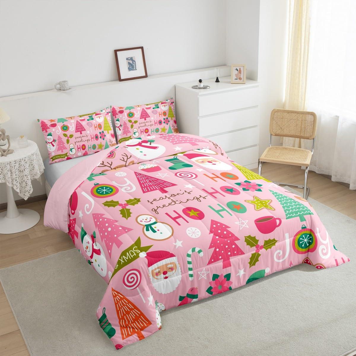 Erosebridal Erosebridal Pink Christmas Comforter Set + Rainbow Fitted Sheet, Full Size