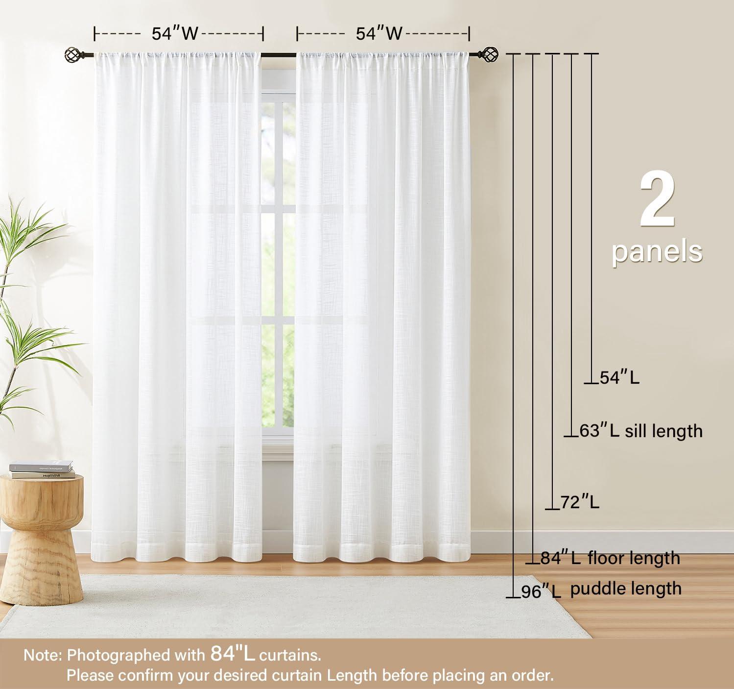 Treatmentex Treatmentex White Sheer Curtains for Bedroom Living Room Not See Through Privacy Linen Textured Window Curtain Set 84-inch Long 54w 2 Panels Rod Pocket