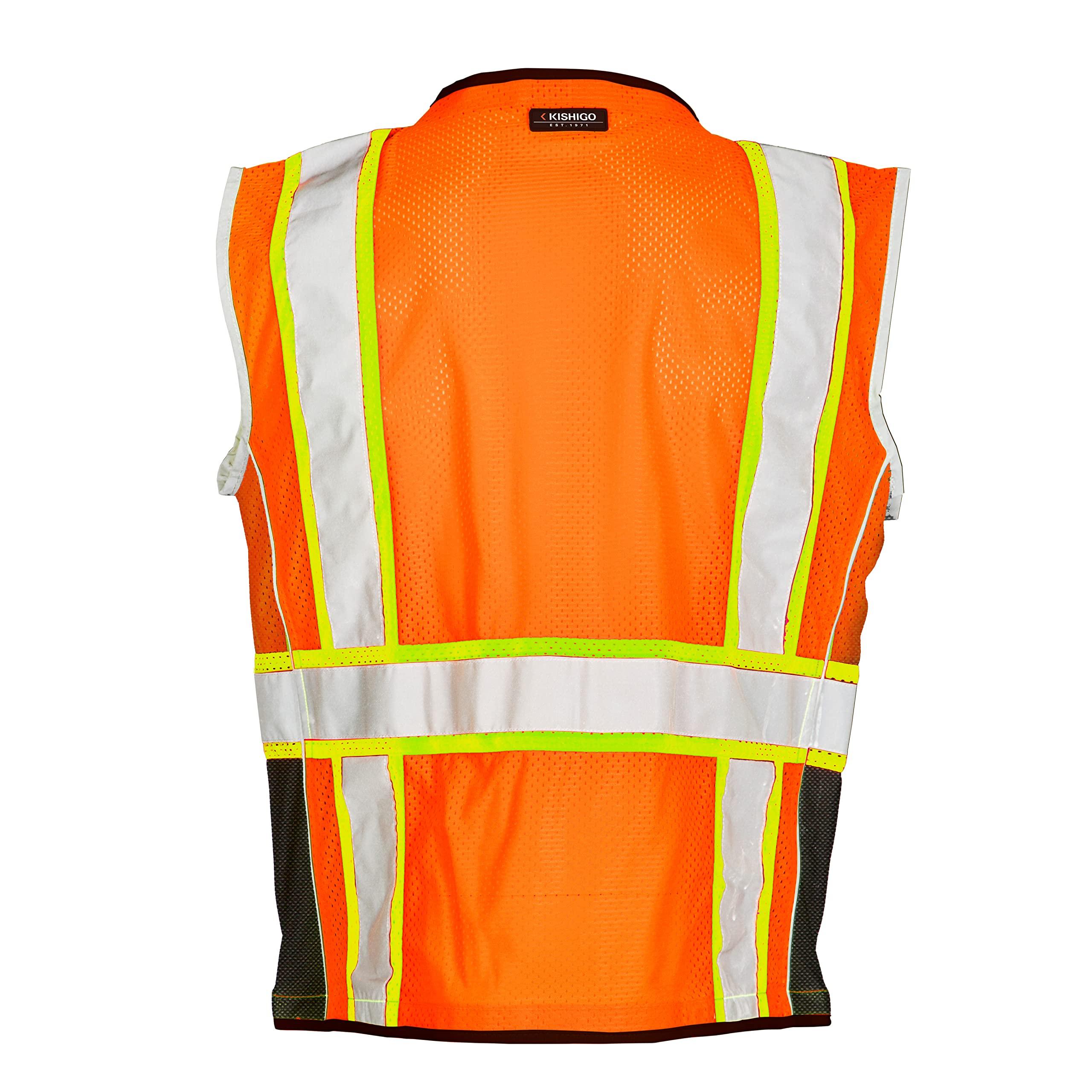 Kishigo Kishigo Premium Black Series Heavy Duty Unisex Reflective Safety Vest 1514, ANSI Type R / Class 2 Compliant, 6 Pockets - Pencil & Radio Pockets, Reflective Silver Lining & Black Trim (Orange, M)