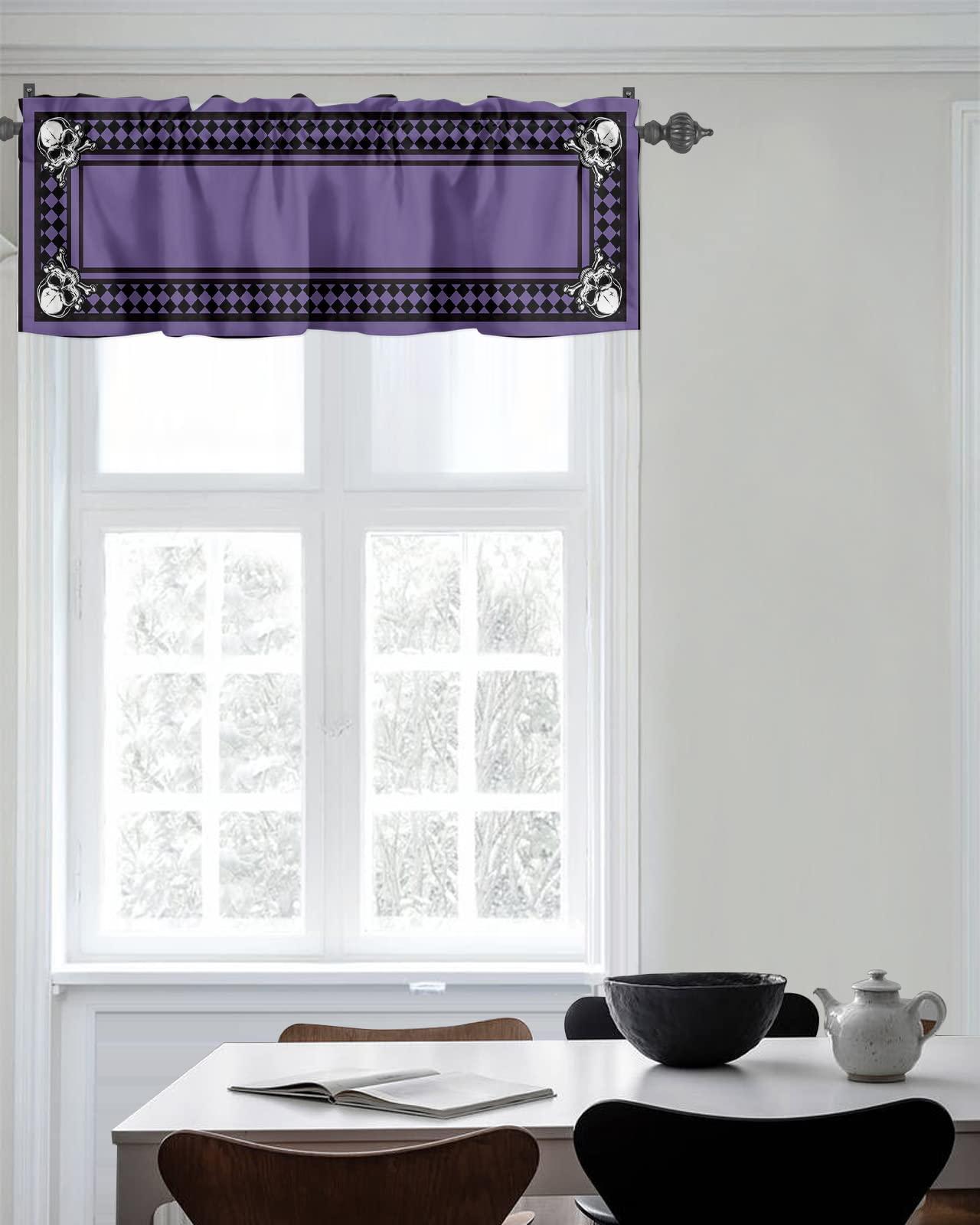 Chucoco Valances Curtain for Kitchen Cafe,Scary Halloween Black Diamond Plaid Horror Skull Window Valance 1 Panel Short Curtains 42x18In Rod Pocket Windows Treatment Drape for Living Room Bedroom Purple