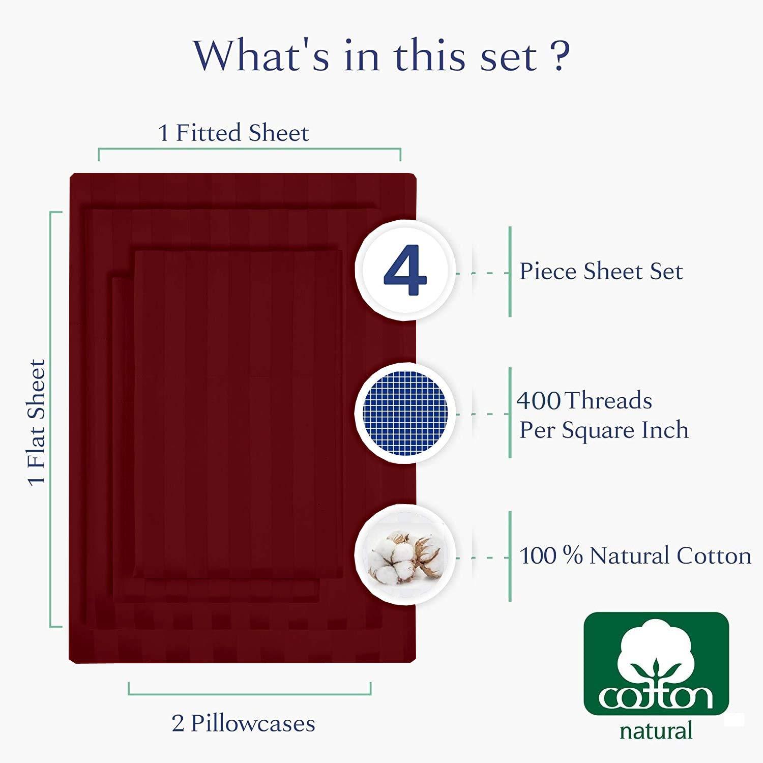 Cottington Lane California King Size Sheet Set-100% Egyptian Cotton Bed Sheets-400 TC Cotton Sheets-4 Piece Sheet Set Fits Mattress Upto 16 Inch Deep Pocket Fitted Sheet-72 x 84 Size Sheets for Burgundy Stripe Bed