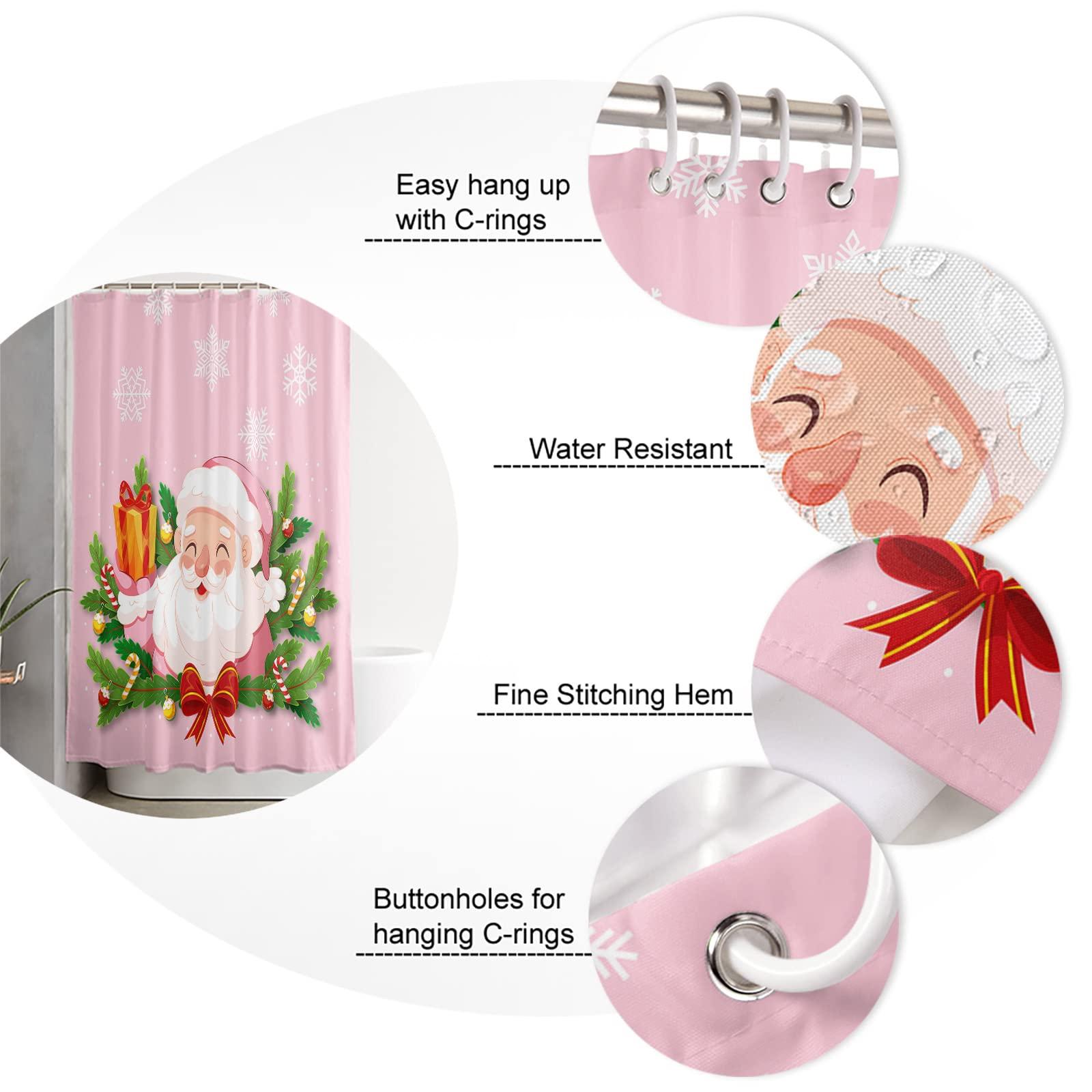 TocaHome TocaHome Waterproof Shower Curtain Set for Bathroom with Hooks, Christmas Santa Claus Pine Needles Snowflakes Pink Polyester Fabric Shower Curtains Sets Machine Washable Bath Curtain 72\"x96\"