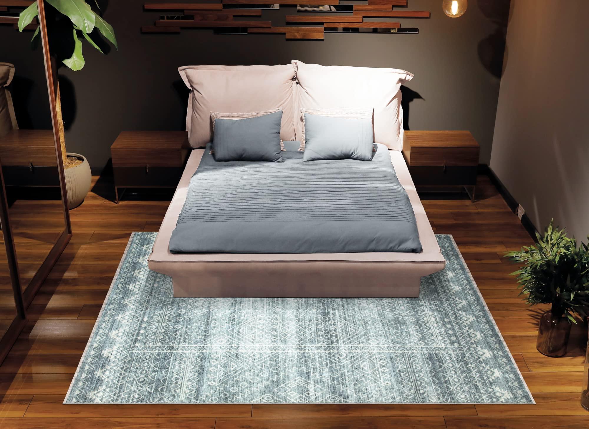 Bloom Rugs Bloom Rugs Caria Washable Non-Slip 4x6 Rug - Teal/Ivory Geometric Area Rug for Living Room, Bedroom, Dining Room, and Kitchen - Exact Size: 4' x 6'