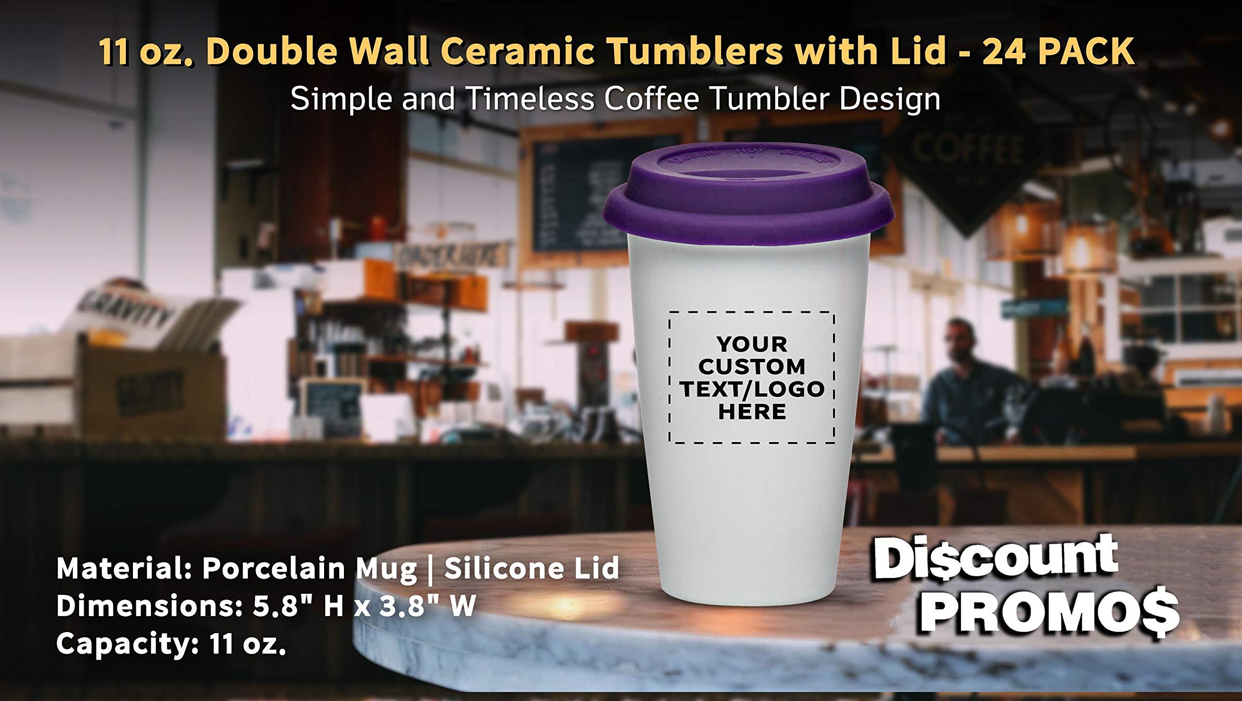 DISCOUNT PROMOS Personalized 11 oz. Double Wall Ceramic Tumblers with Lid - 24 Pack - Custom Text, Logo - Purple