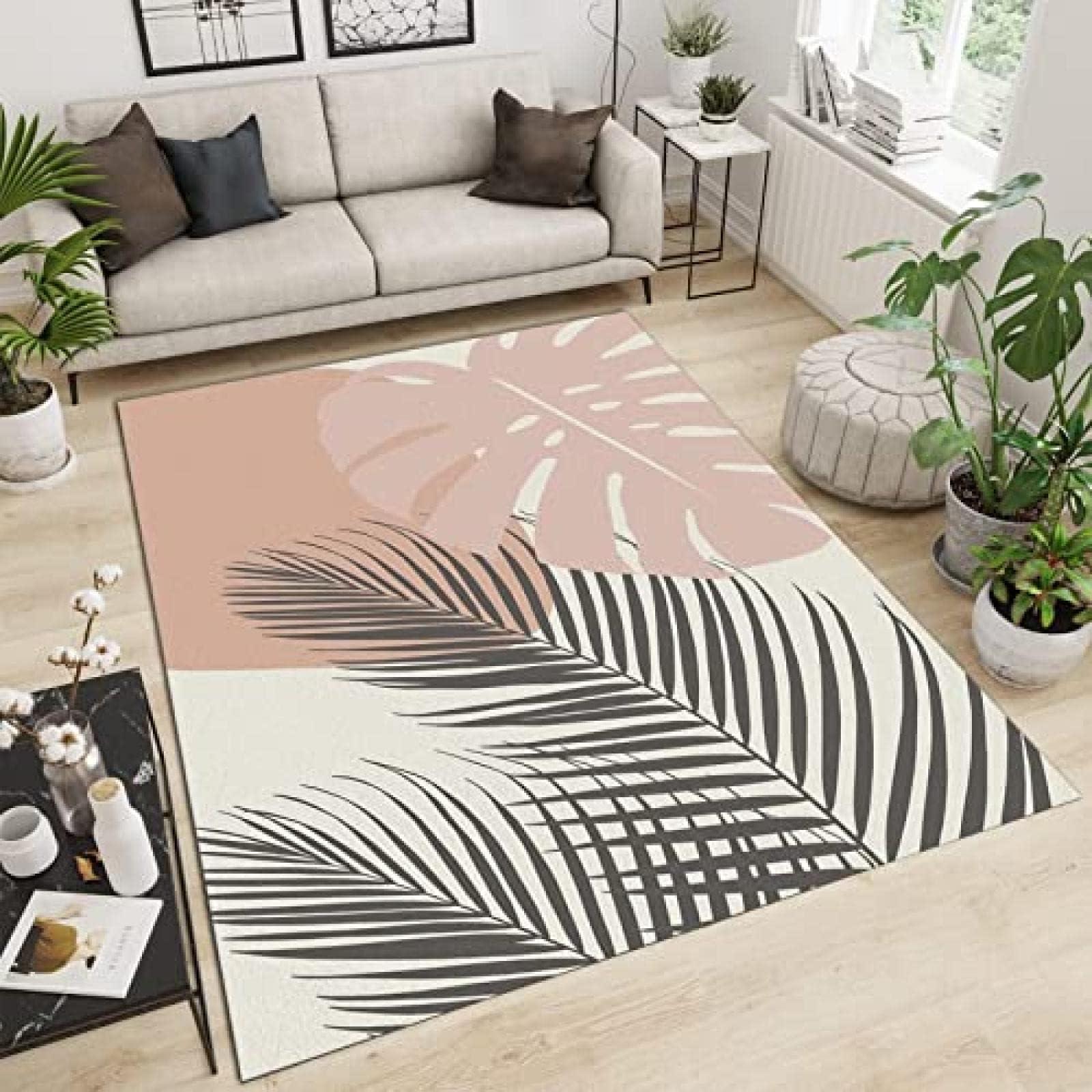ELLECO Pink Palm Coconut Leaf Area Rugs, Tropical Leaves Banana Leaf Soft Washable Carpet, Upholstery Rug with Non-Slip Backing for Kids Boys Girls Bedroom Living Room Dining Room Study 3ftx5ft