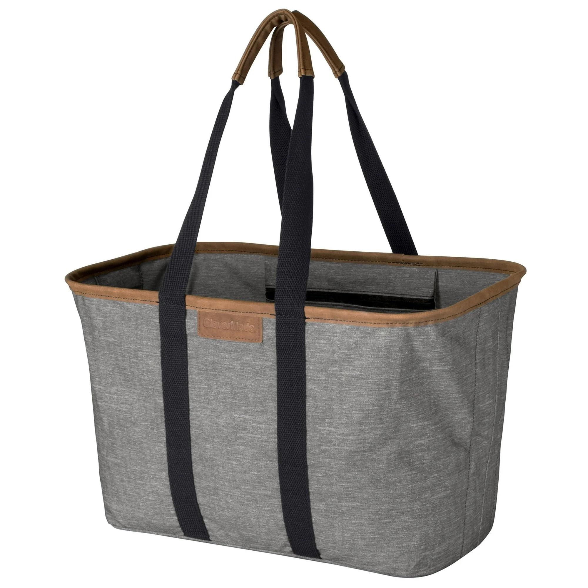 CleverMade CleverMade Collapsible LUXE Tote, Heather Gray/Black - 30L (8 Gal) Structured Tote Bag with Handles and Reinforced Bottom - Reusable Grocery Bag, Shopping Bag, Utility Tote Bag