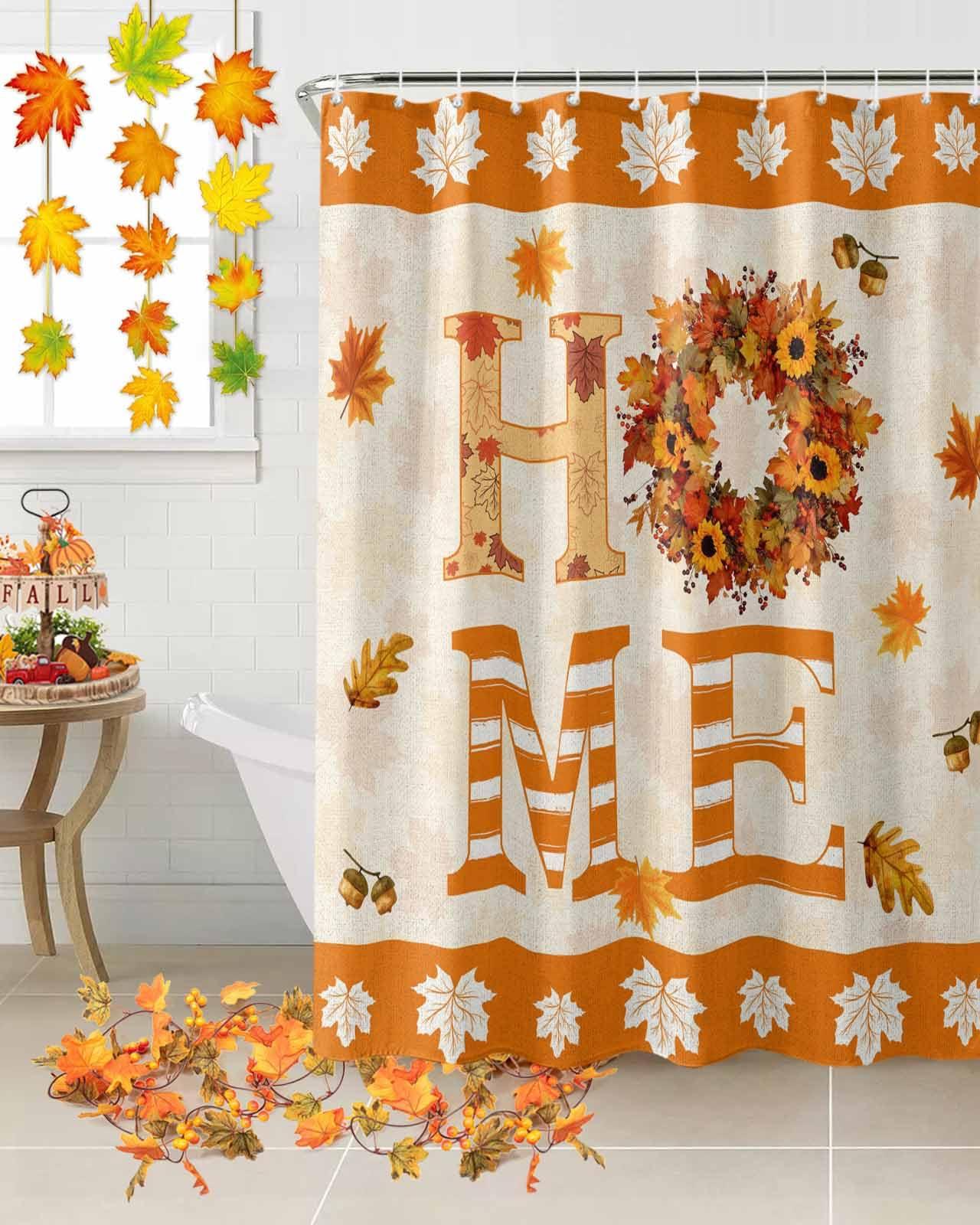 Yukro Fall Home Shower Curtain 36x72 Inch, Thanksgiving Farmhouse Maple Leaves Waterproof Bath Curtain with 12 Hooks, Home Marple Leaves Washable Polyester Wrinkle Free Shower Curtains for Bathroom Decor
