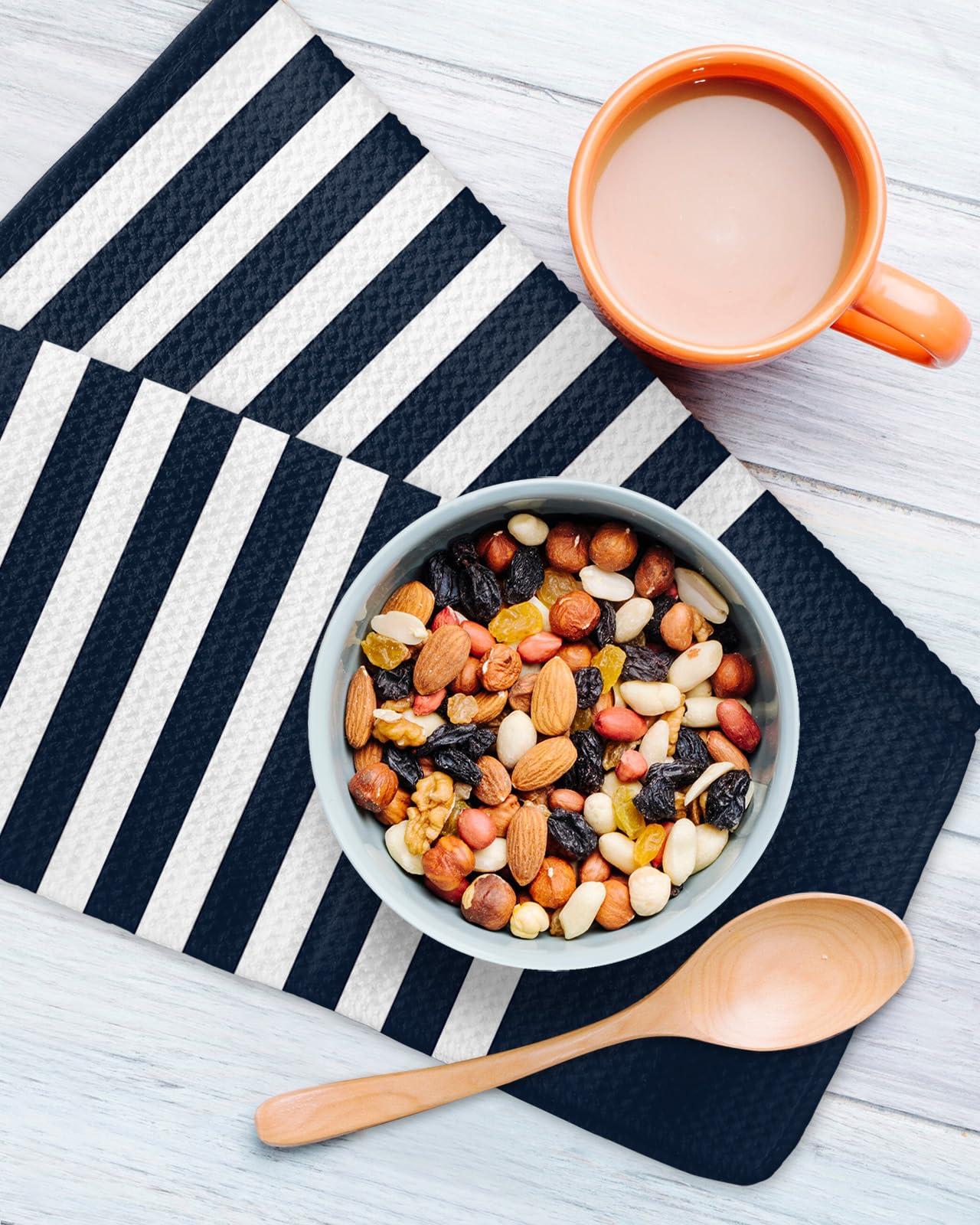 Falaniique Navy Waffle Kitchen Dish Towels Set of 2,Super Absorbent & Quick Dry Hair Hand Bath Tea Golf Microfiber Towel,Soft Gym Towel Cleaning Dish Washcloth,Summer Beach Blue Stripes Nautical Anchor 12\"x12\"