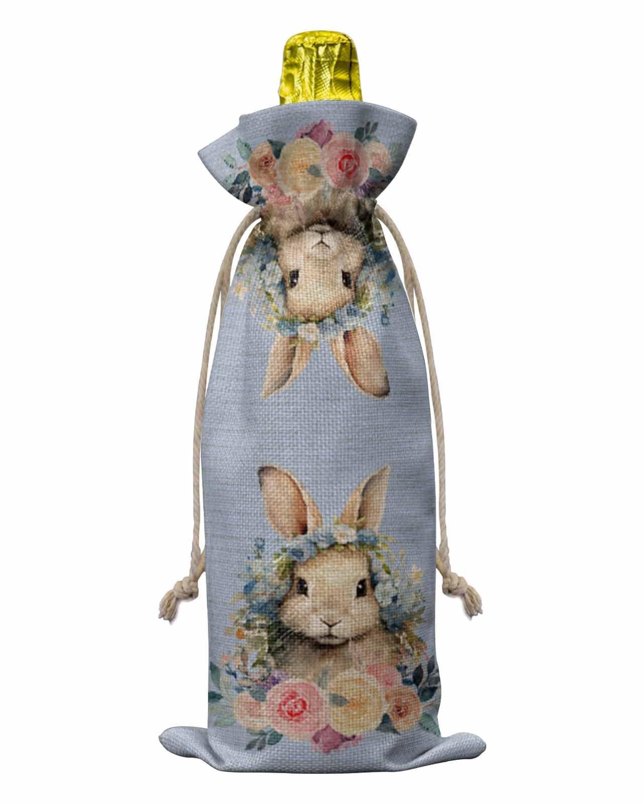 PIEPLE PIEPLE Easter Blue Bunny 10PCS Wine Bottle Bags, Wine Bottle Cover with Drawstring, Gift Bag for Champagne, Wedding, Birthday, Party Rustic Spring Botanical Flower Leaves