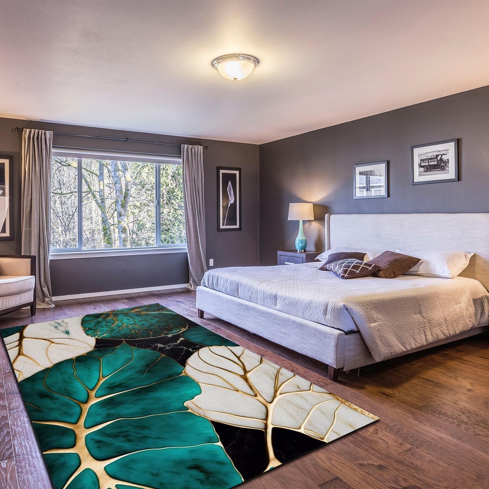 ZAFESA Nordic Light Luxury Black White Marble Rugs, Fashion Emerald Green Gold Texture Soft Bedroom Rug, Non-Slip Washable Living Room Carpet, for Office Restaurant Entrance Mat(4x6ft