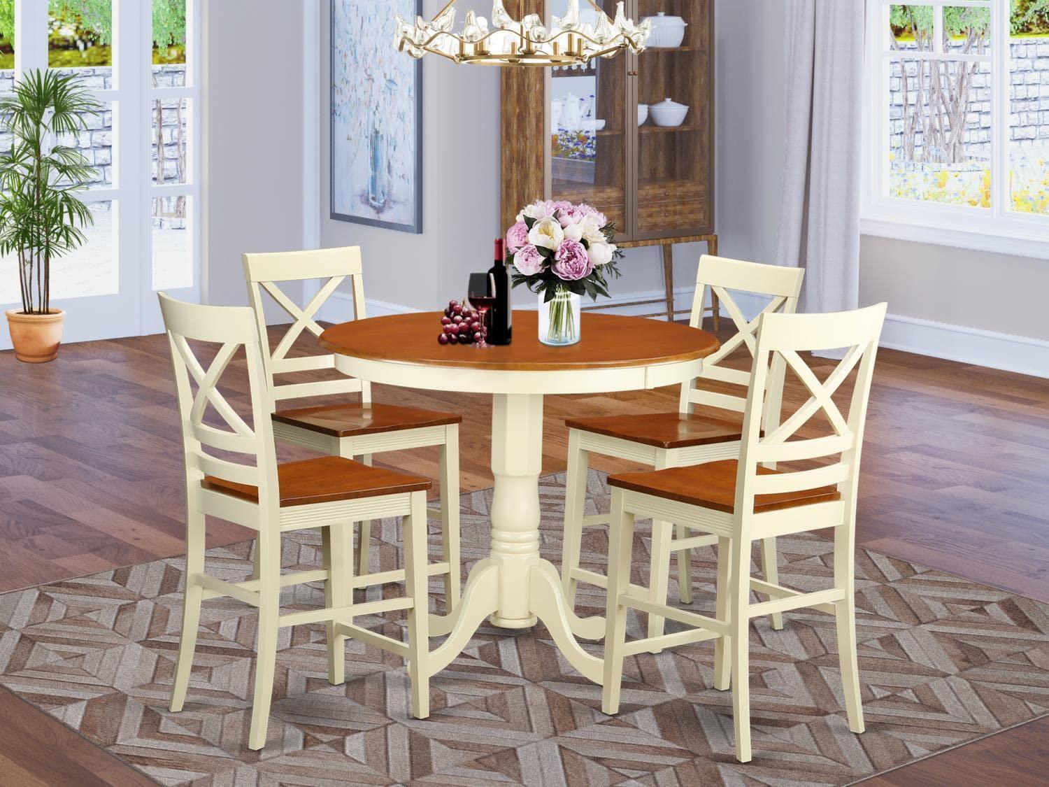 East West Furniture East West Furniture JAQU5-WHI-W 5 Piece Counter Height Dining Set Includes a Round Kitchen Table with Pedestal and 4 Dining Room Chairs, 36x36 Inch, Buttermilk & Cherry