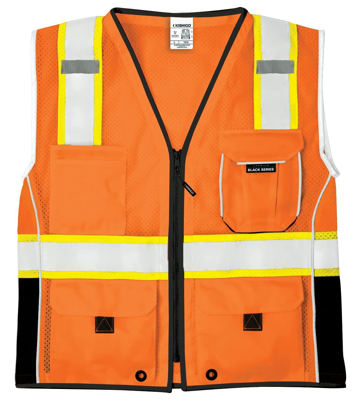 Kishigo Kishigo Premium Black Series Heavy Duty Unisex Reflective Safety Vest 1514, ANSI Type R / Class 2 Compliant, 6 Pockets - Pencil & Radio Pockets, Reflective Silver Lining & Black Trim (Orange, M)