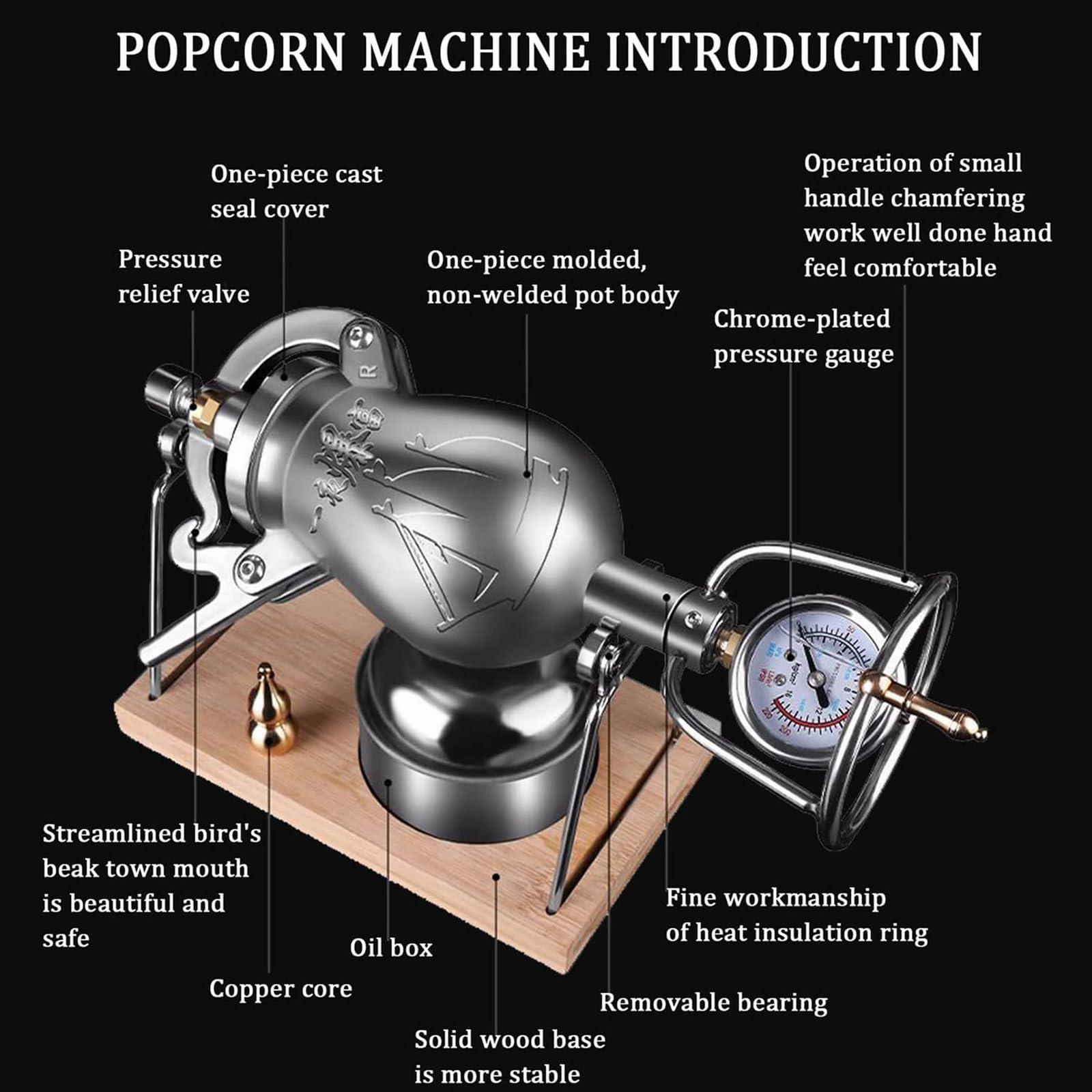 JOSKAA Chinese Popcorn Maker, 304 Stainless Steel Hand Popcorn Machine with Precision Pressure Gauge, Retro Nostalgia Mini Popcorn Machine Can Make Popcorn and Heat Food,300ML