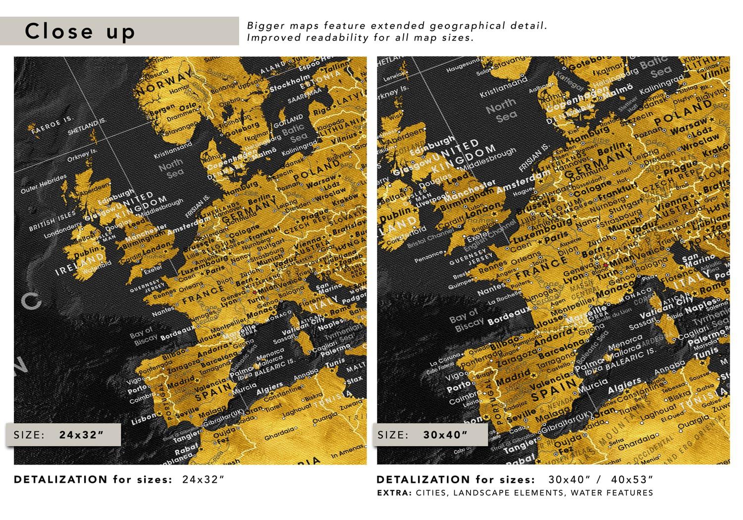 Pin Adventure map Push Pin World map with pins to mark travels - World Map pinboard - Gift for traveler & interior decor (40 x 30, Midnight Gold)