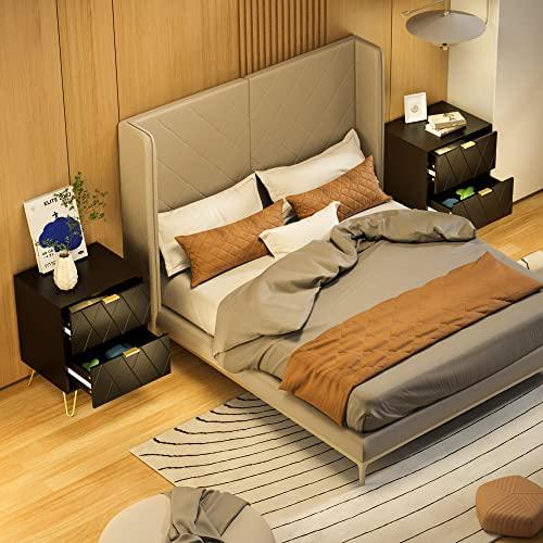 Anbuy Anbuy Black Nightstand Set of 2 with Gold Handle, Bedside Table with 2 Drawers, Night Stands Set of 2 Gold Legs for Bedroom Living Room