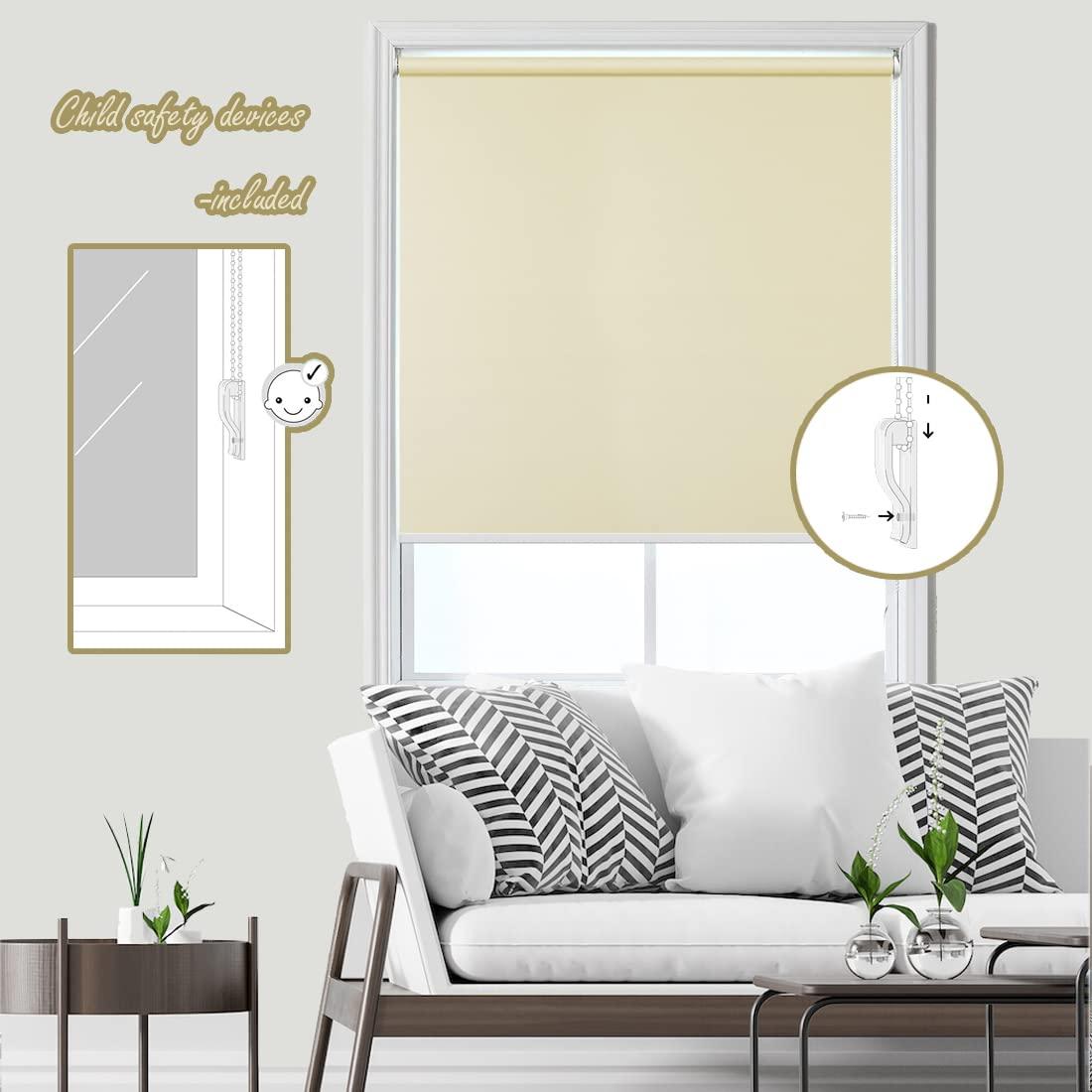 fhsblinds FHSBLINDS Custom Blinds for Windows Roller Window Shades-Room Darkening Waterproof Blackout Cut to Size Window Blinds & Shades for Home Kitchen Bedroom Office (Beige 100% Blackout, 25" W x 64" H)