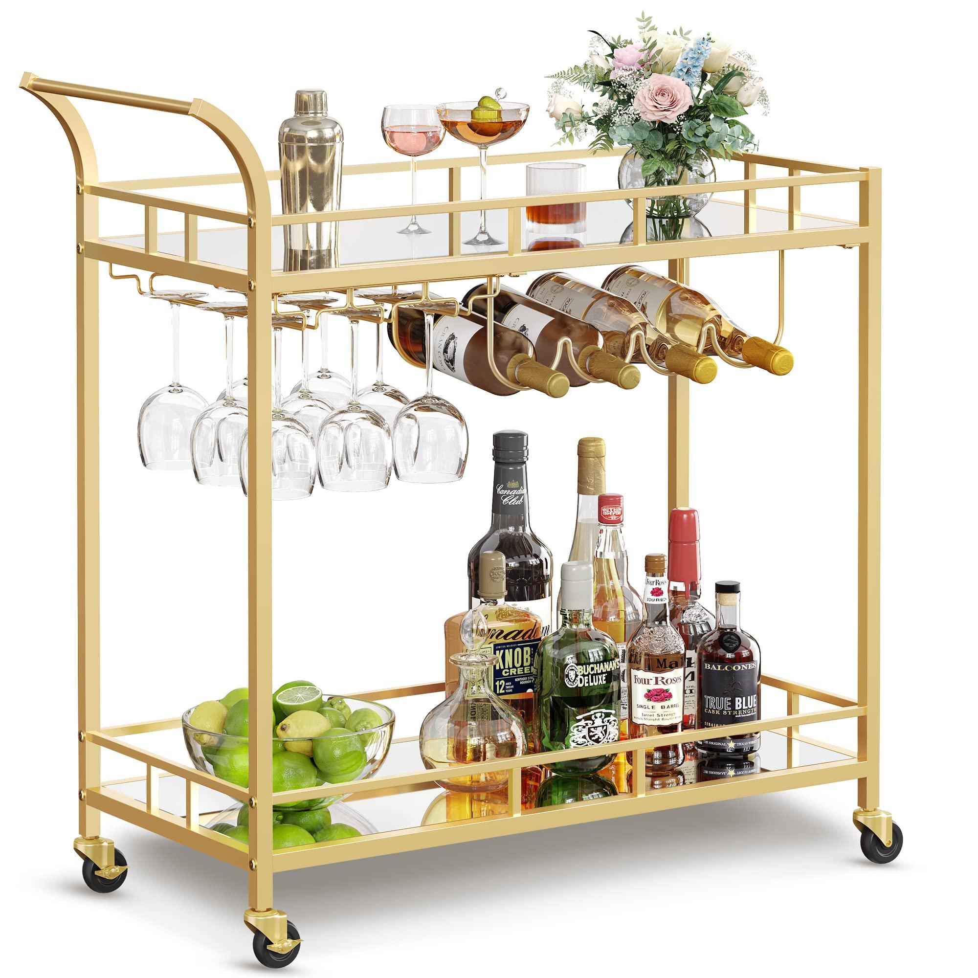 VASAGLE VASAGLE Bar Cart Gold, Home Bar Serving Cart, Wine Cart with 2 Mirrored Shelves, Wine Holders, Glass Holders, for Kitchen, Dining Room, Gold ULRC090A03
