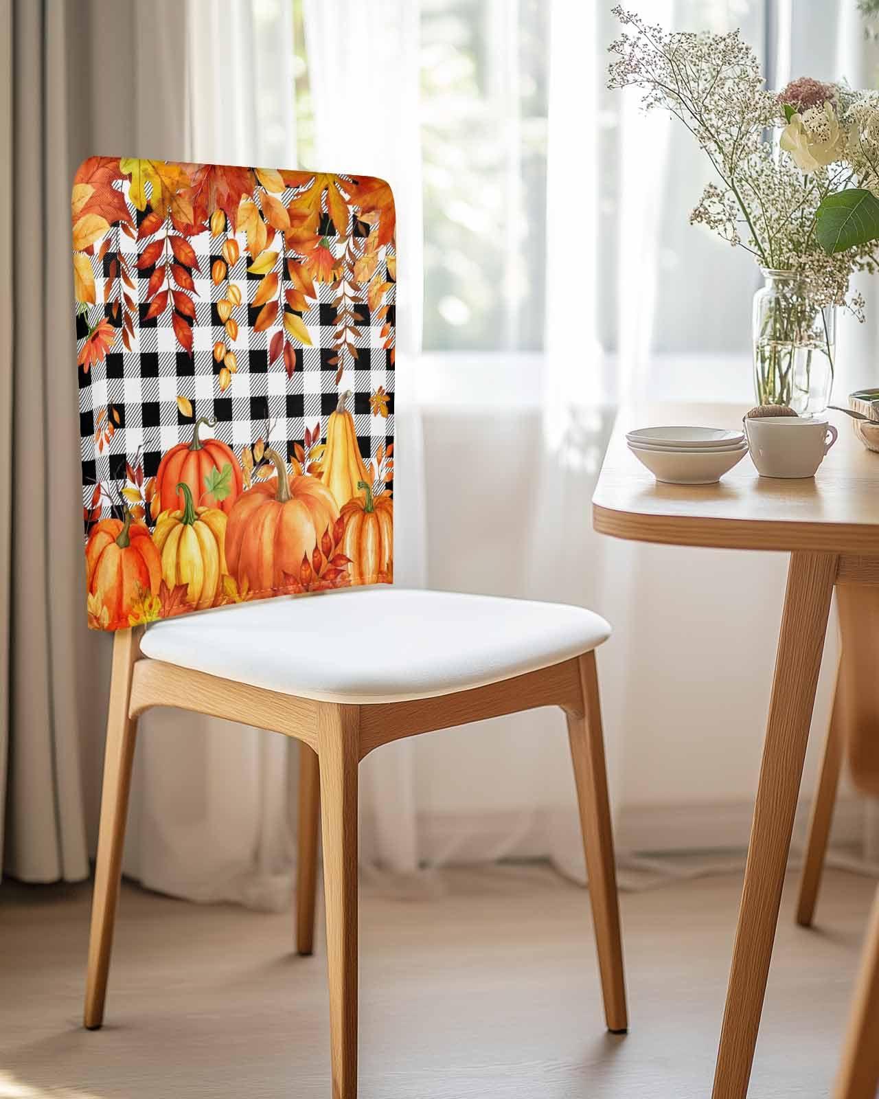 LOVE HOME DAY Fall Thanksgiving Chair Back Covers Set of 8,Orange Pumpkin Maple Leaf Harvest Farm Chair Slipcovers,Black and White Removable Dining Chair Protector for Kitchen Hotel Restaurant Banquet Decor