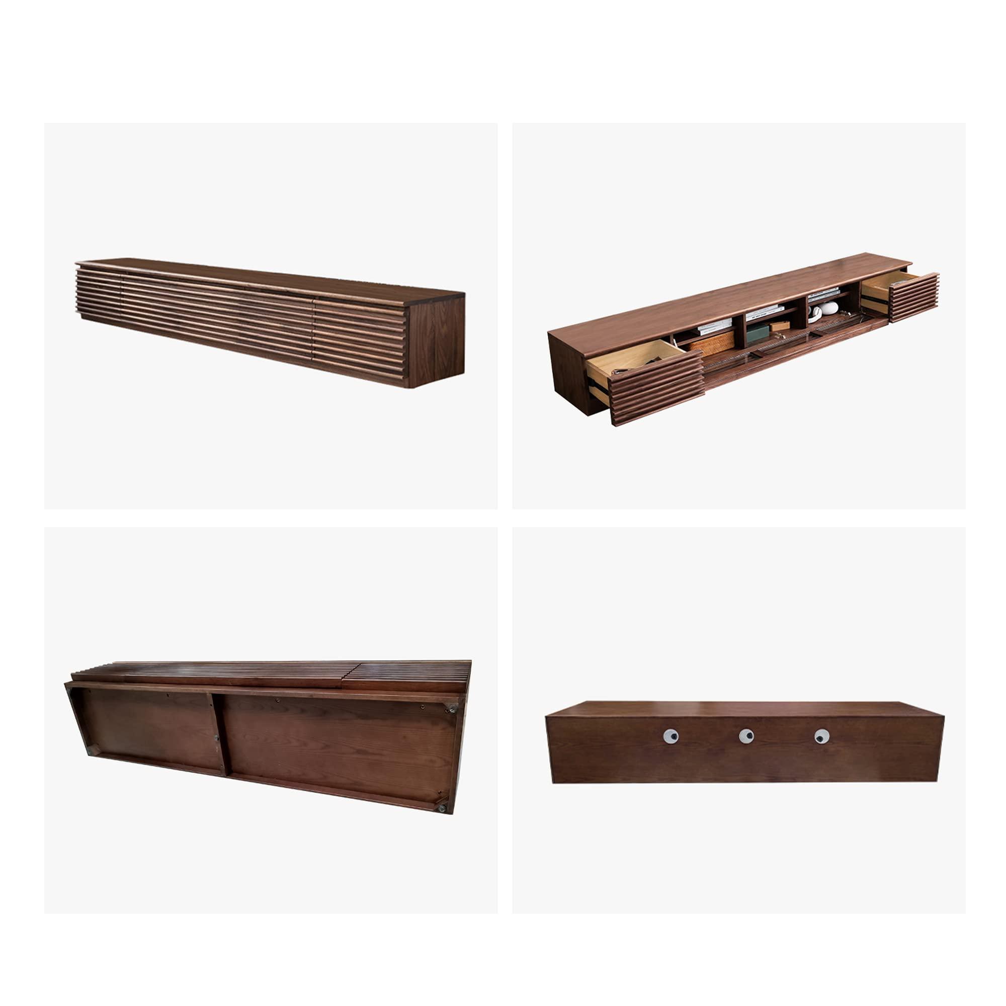 POVISON POVISON Wood Media Console, 70\'\' Mid-century Modern TV Stand with Storage, Assembly-Free Slatted TV Cabinet with Customized Compartments & Solid Pinewood Drawer