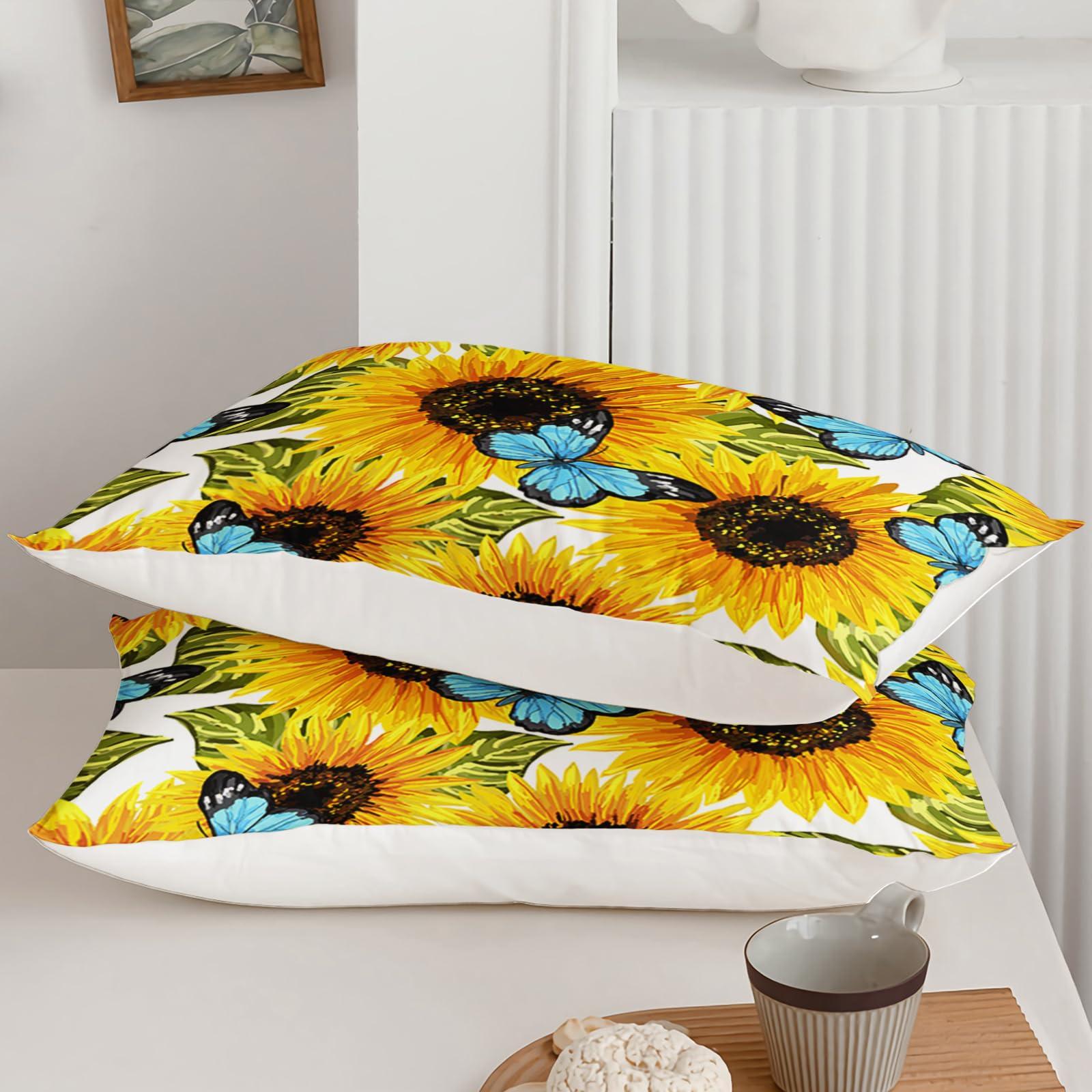 Axolotl Axolotl Sunflower Bedding Set Full,Yellow Sunflowers Comforter Set,Butterfly Bedding Blue Butterflies,Flower Bedding Set,Summer Floral Comforter Set for Girls Kids Teens Adults,1 Quilt 2 Pillowcases