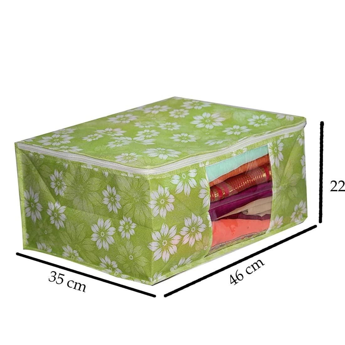 AARON INC AARON INC Non-Woven Fabric Saree Cover/Clothes Storage Bag/Wardrobe Organizer With Transparent Window And Zip for Lehenga, Suit, Dress, & Accessories Flower Print (Green Pack of 2, 45 * 35 * 22 Cm)
