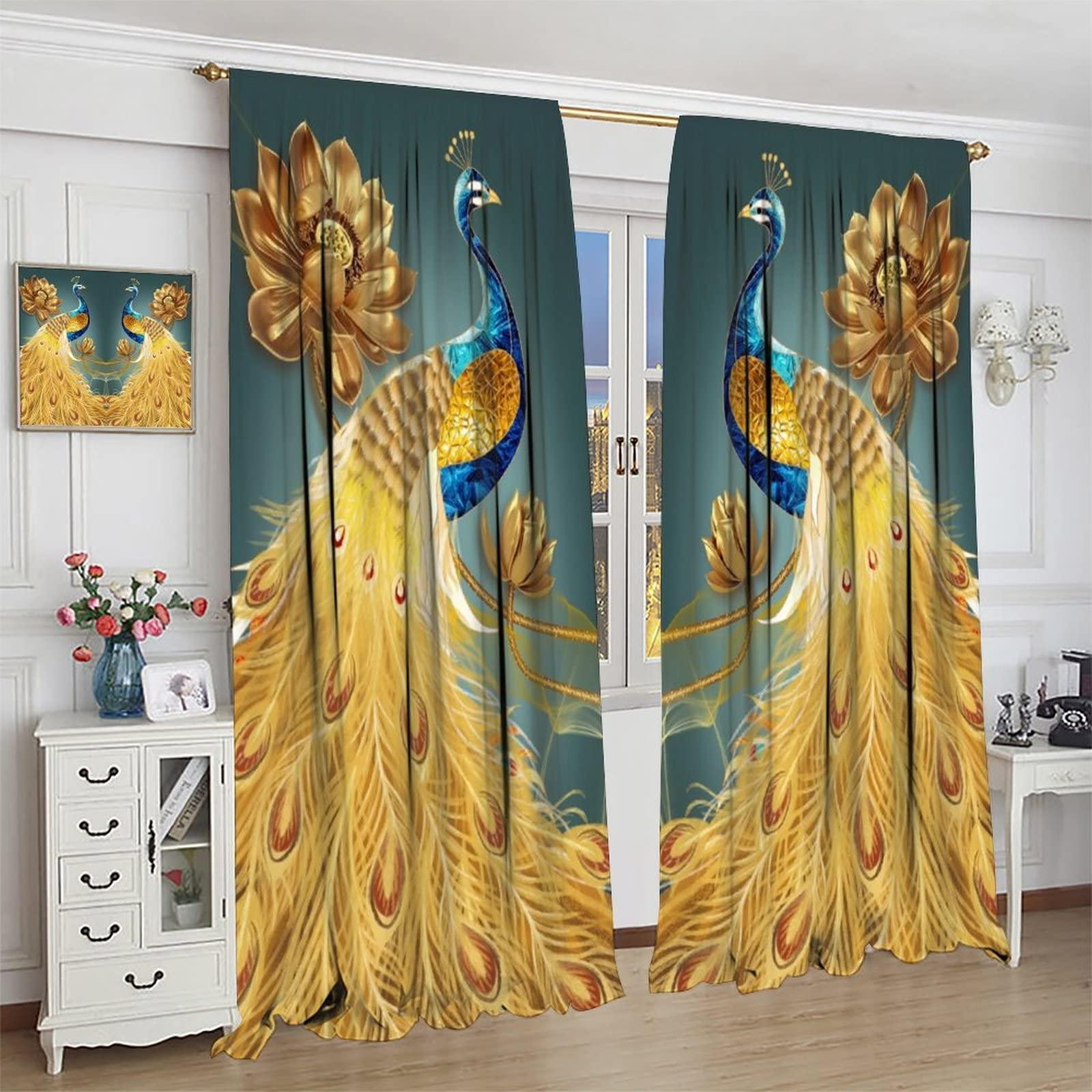 AuiMzoo Peacock Blackout Curtains, Beautiful Blue and Gold Peacock Standing On Golden Lotus, Women Bedroom Living Room Curtains 2 Panel Set, 42x45 Inch