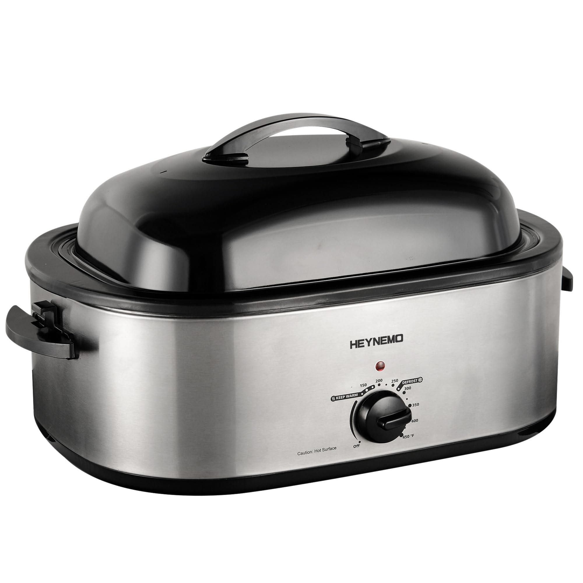 HEYNEMO Roaster Oven, 20Qt Turkey Roaster Oven Buffet with Self-Basting Lid, 1450W Electric Roaster Oven with Cool-Touch Handles, Stainless Steel Roaster Oven with Removable Pan and Rack, Silver