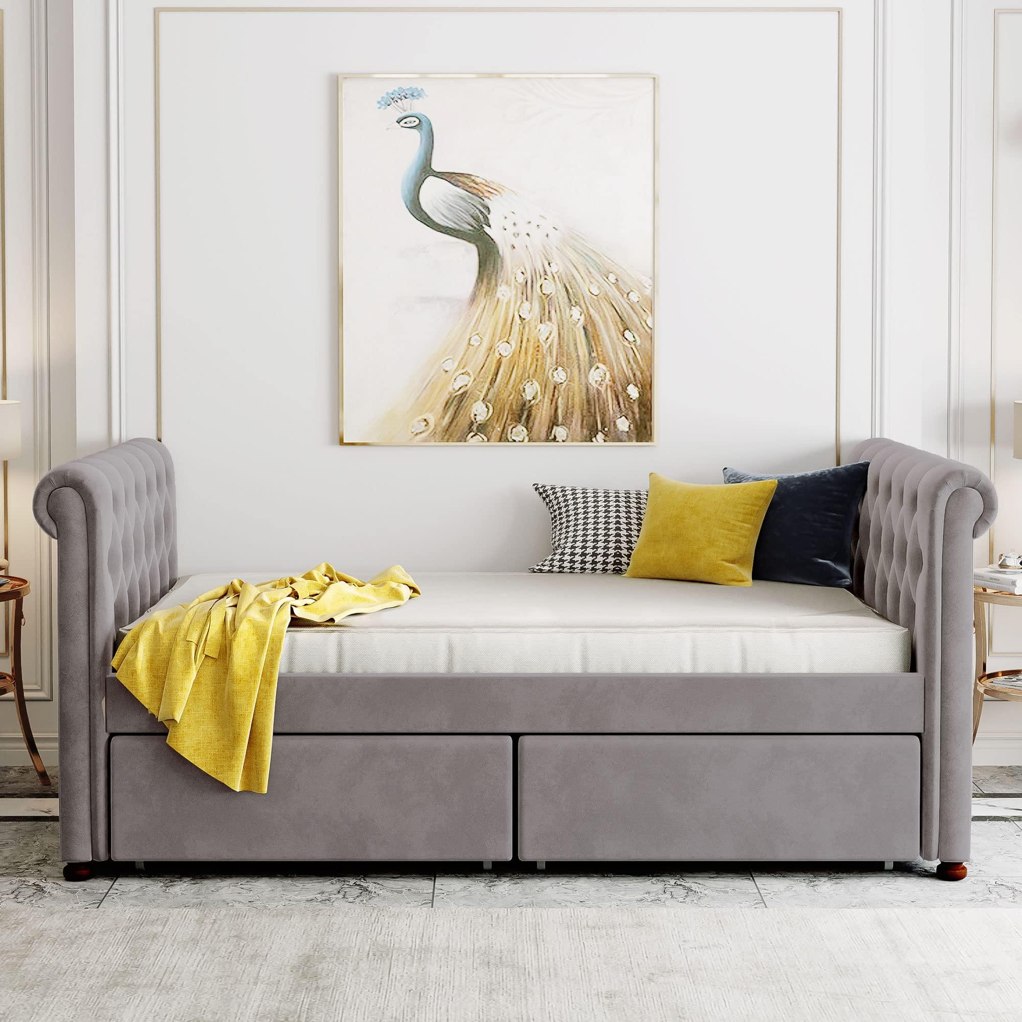 TONDI Tufted Daybed with Storage Drawers, Twin Size Upholstered Daybed with Drawers, Velvet Sofa Couch Bed Grey,Sofa
