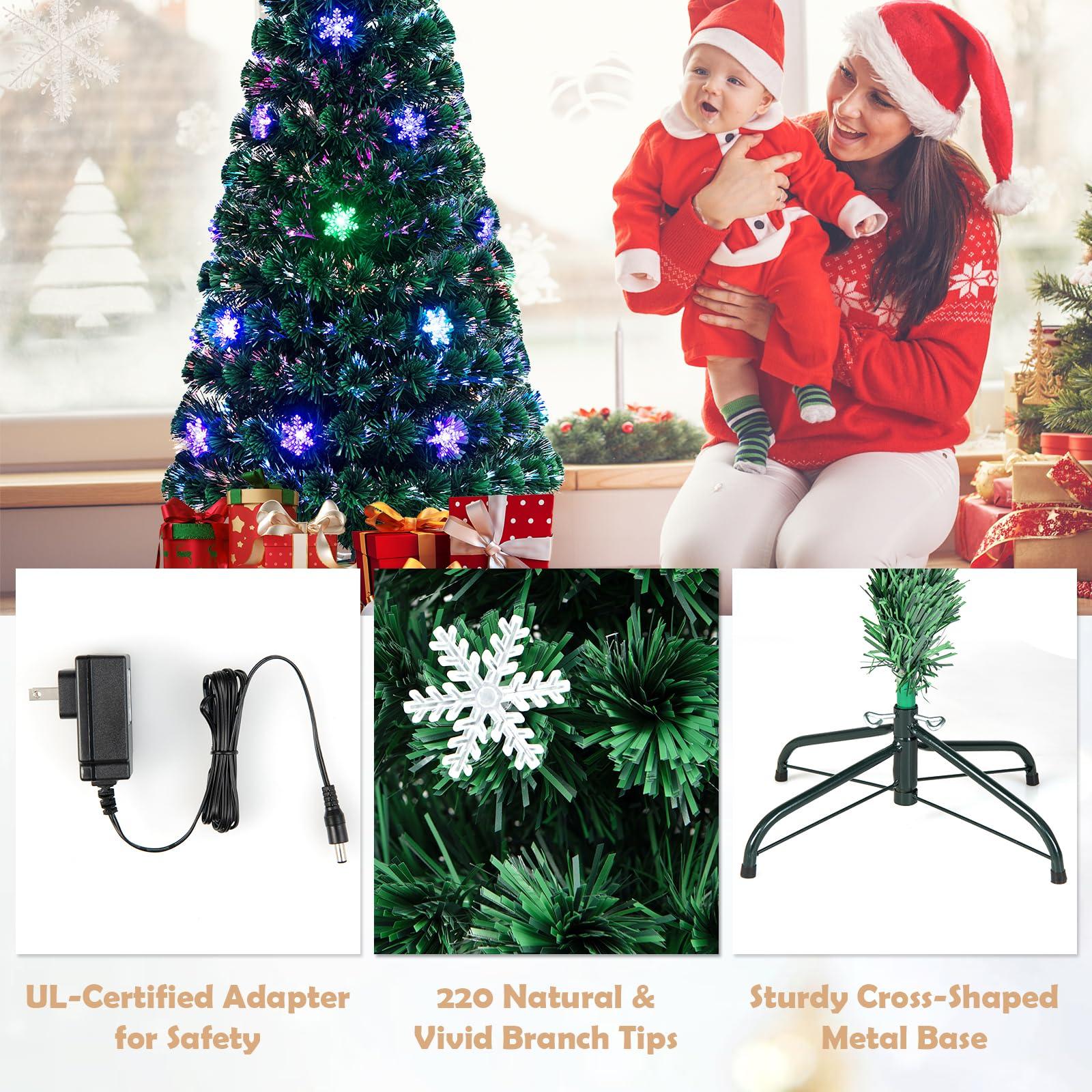 Goplus Goplus 6ft Pre-Lit Fiber Optic Christmas Tree, Artificial Xmas Full Tree with Colorful Snowflake LED Lights, 220 Branch Tips, Foldable Metal Base, for Office Home Holiday Decor