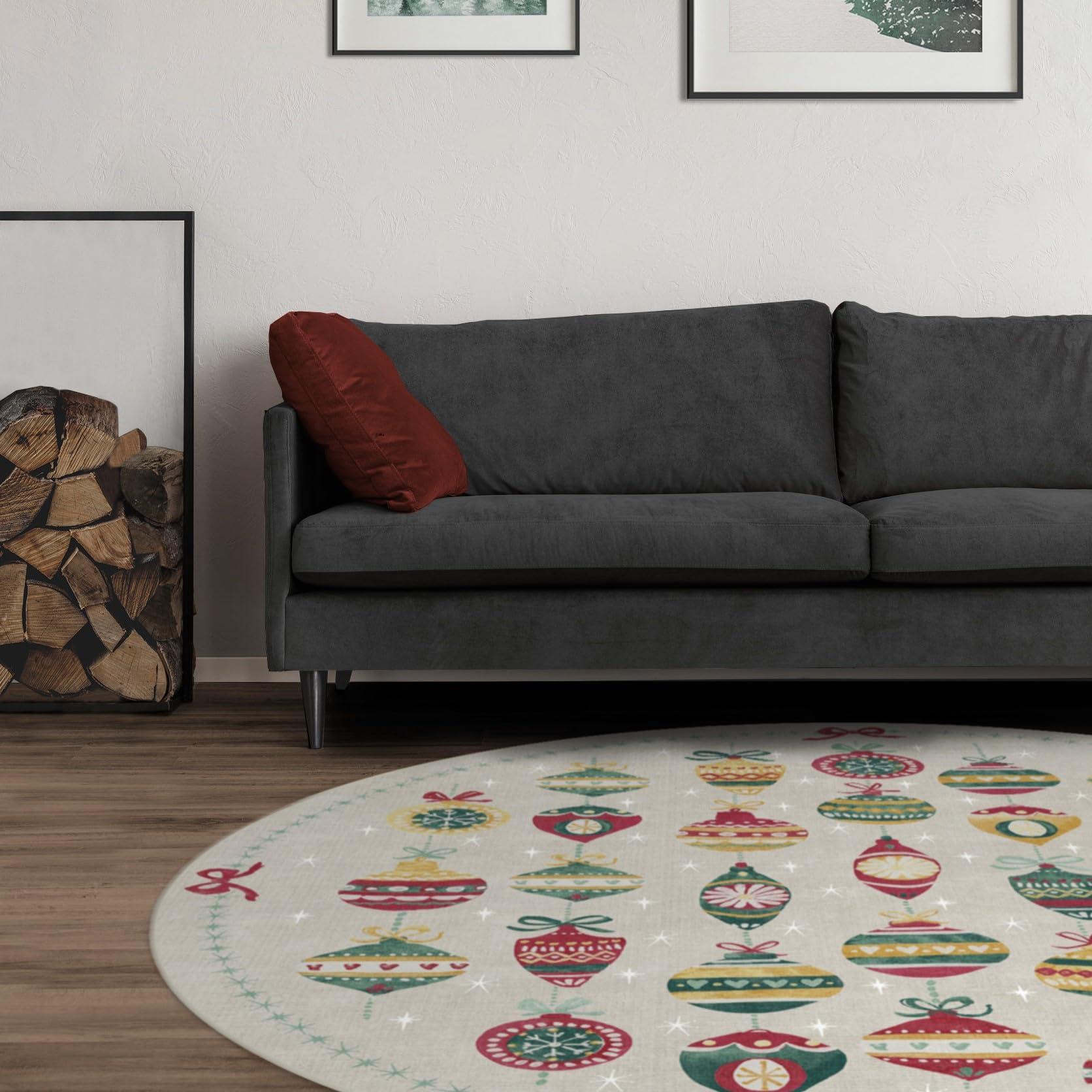 RUGGABLE RUGGABLE Washable 6 ft Round Rug, Festive Garland White, Premium Christmas Rugs for Living Room, Bedroom, Kitchen, Office, Classroom with Gripper Non Slip Pad, Festive Garland White