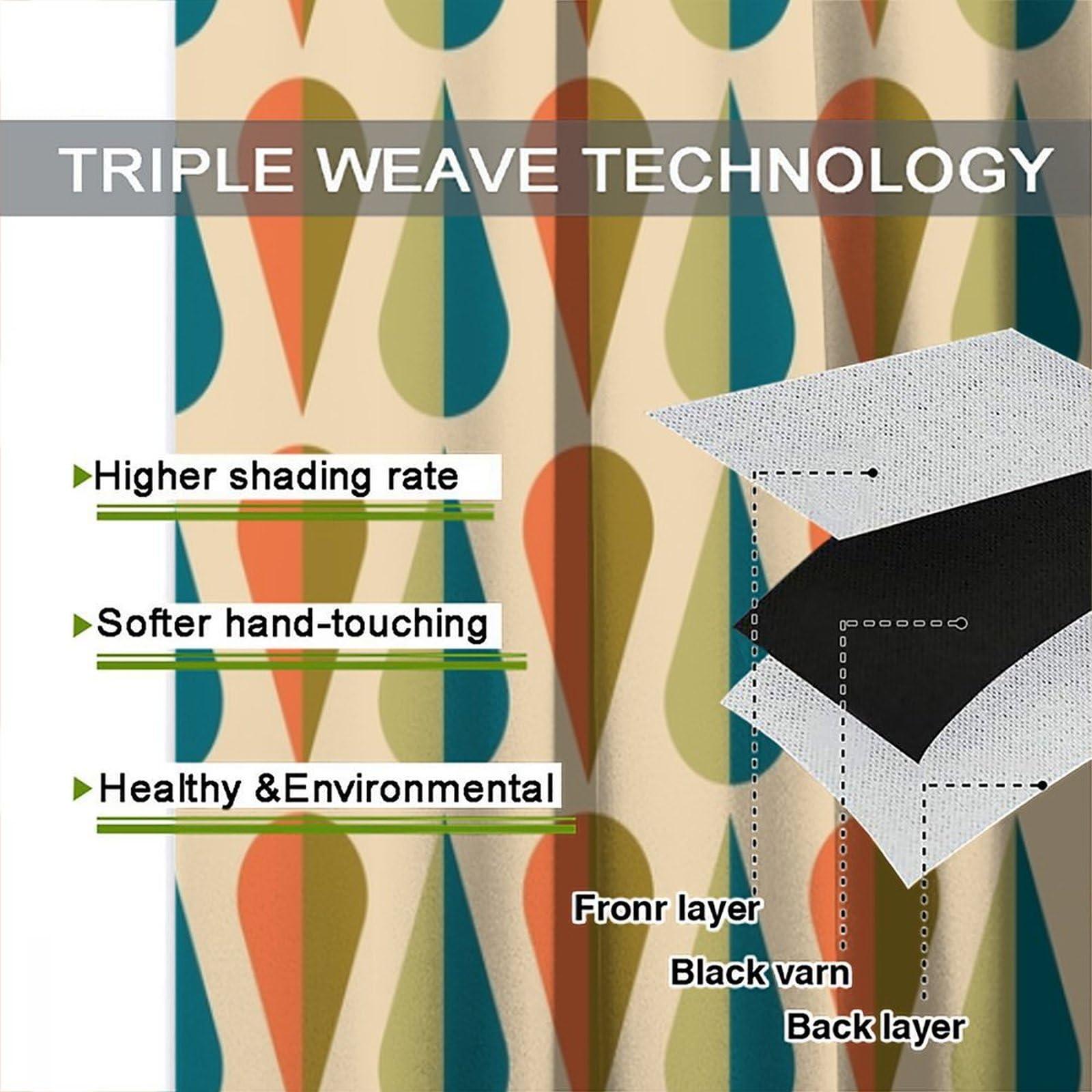 lovelockring Mid Century Curtains, Retro 50s 60s Minimalist Geometric Drop Pattern Blue Green Orange Print Window Drapes for Living Room Bedroom, 42" W X 63" L