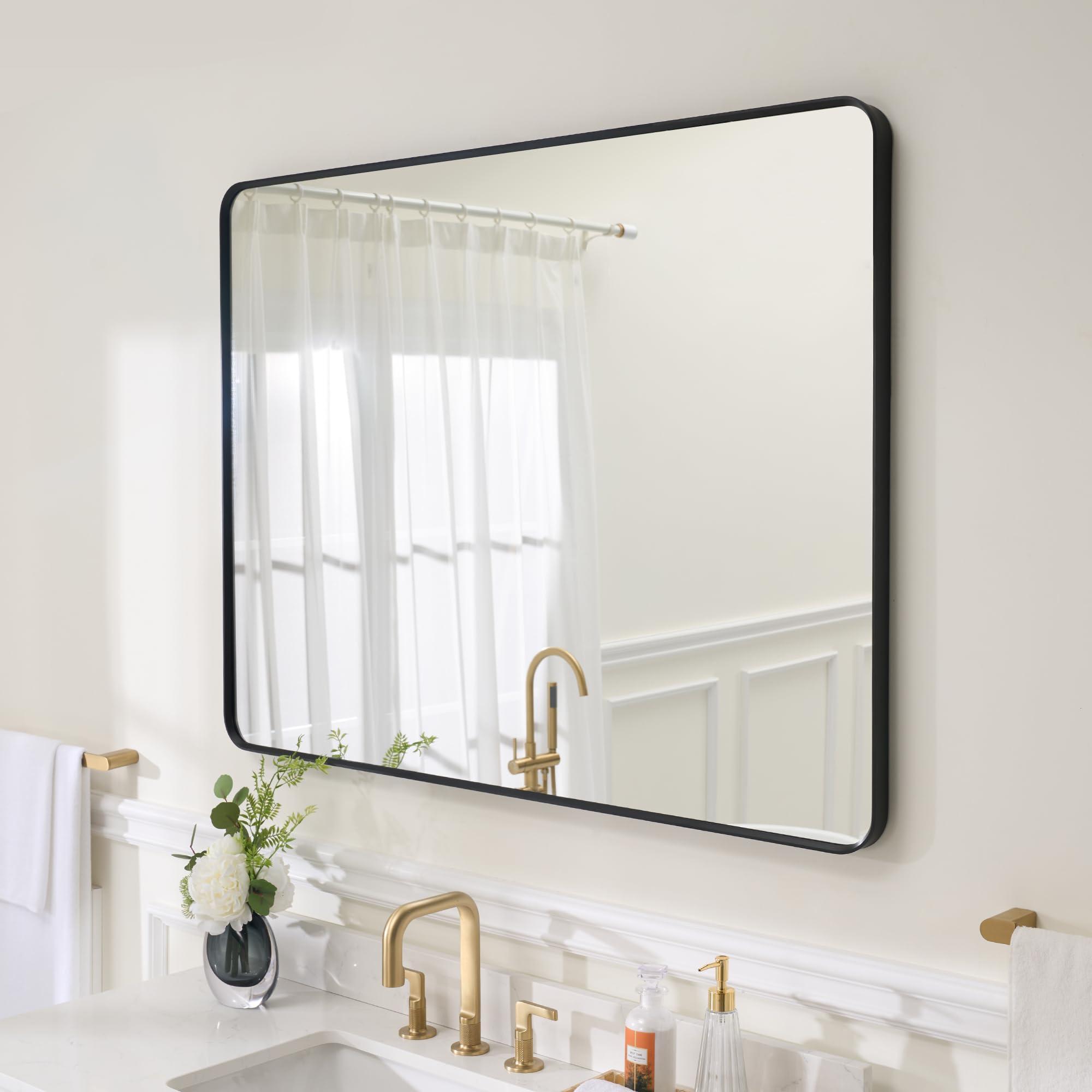 WELLFOR WELLFOR 48 x 36 Inch Bathroom Vanity Mirror, Horizontal/Vertical Mounted, Aluminum Framed Rectangular Wall Mirror, Modern Rectangle Mirror for Bathroom Vanity, Matte Black