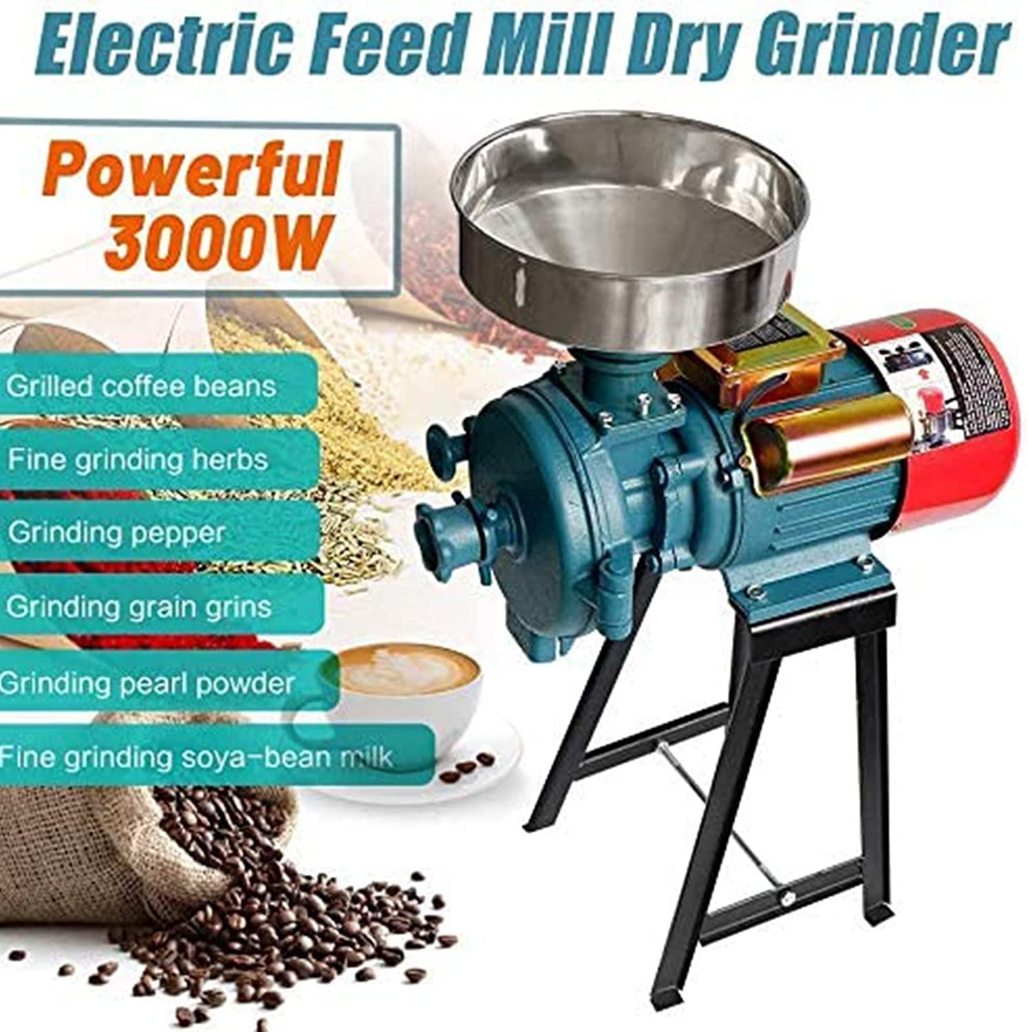 LILYPELLE LILYPELLE 3000W Electric Grain Mill, 110V Corn Grinder Mill Grinder Heavy Duty Grain Grinder Commercial Electric Feed Mill Dry Cereals Grinder Corn Grain Coffee Wheat Feed Machine With Funnel