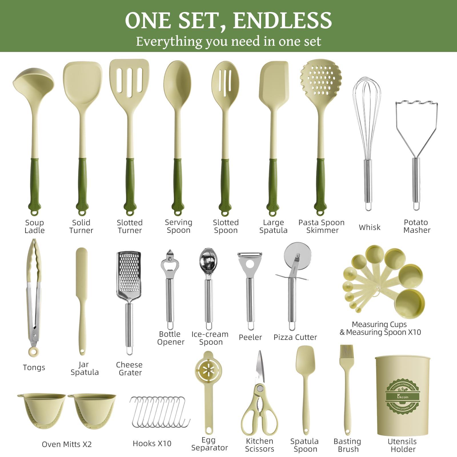 Kikcoin Kikcoin 43Pcs Kitchen Utensils Set - Silicone Cooking Utensils Set, Dishwasher Safe Spatula Set for Non-stick Cookware, 446F Heat Resistant Kitchen Utensils Set with Holder BPA Free, Avocado Green