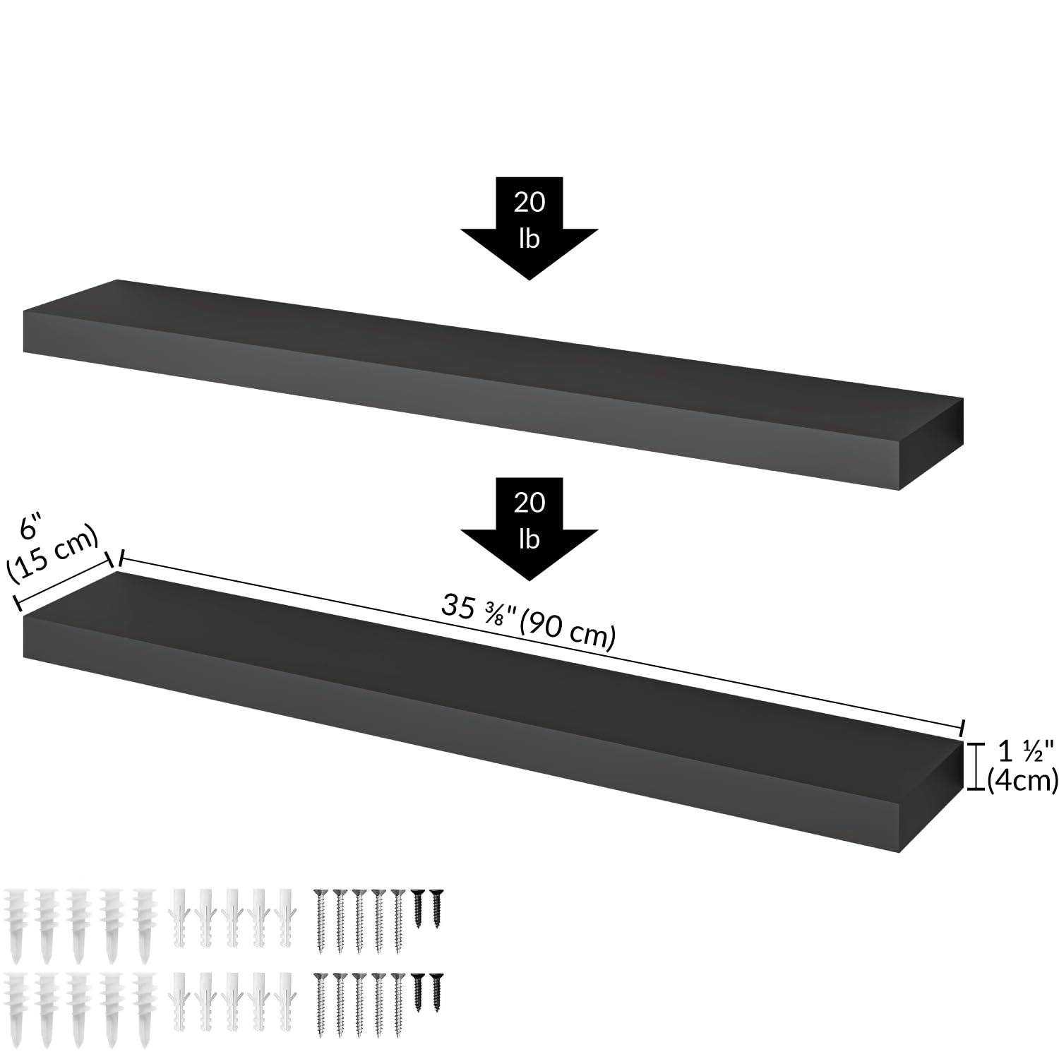 Ballucci Ballucci Floating Shelves, 36" Wood Wall Shelf Set of 2, with Invisible Brackets for Bathroom, Living Room, Bedroom, Kitchen, Nursery, 6" Deep, Black