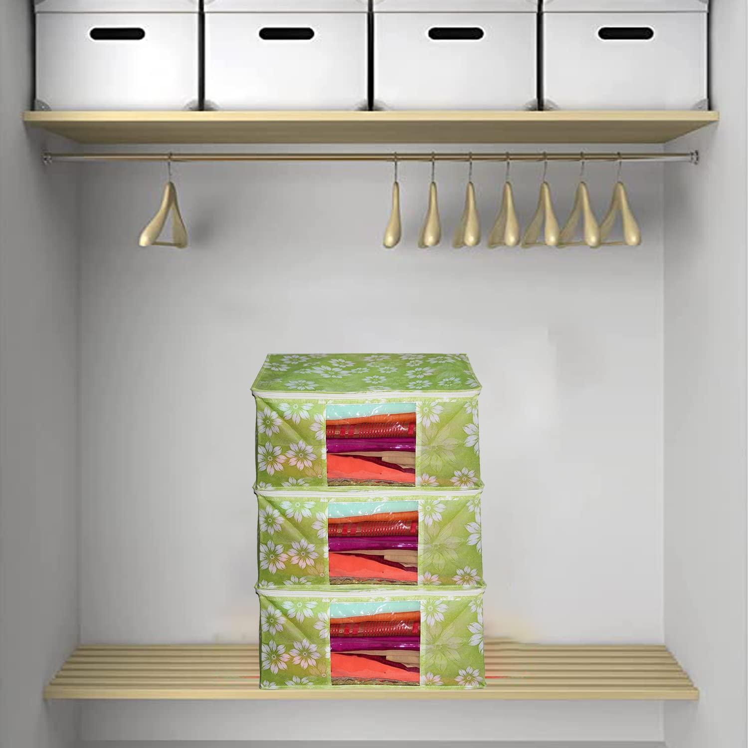 AARON INC AARON INC Non-Woven Fabric Saree Cover/Clothes Storage Bag/Wardrobe Organizer With Transparent Window And Zip for Lehenga, Suit, Dress, & Accessories Flower Print (Green Pack of 2, 45 * 35 * 22 Cm)