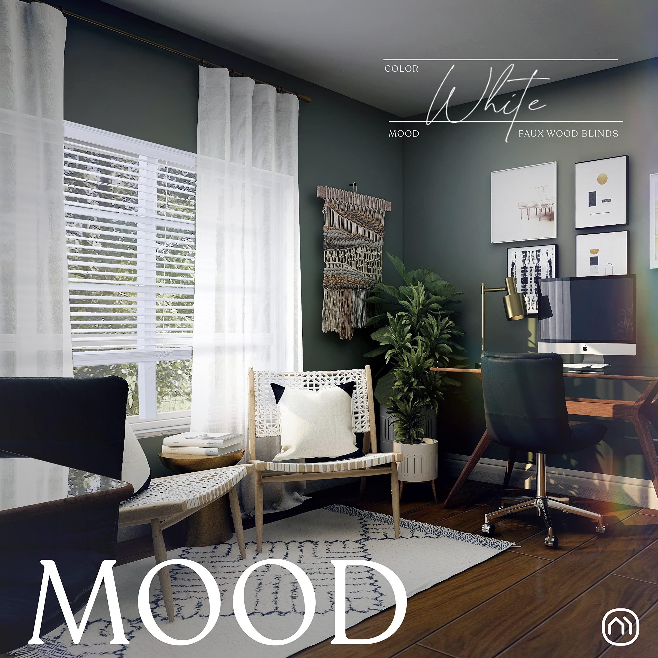 Mood MOOD Architectural Faux Wood Window Blinds | Driftwood Embossed 2 inch White Wooden Blinds | 23 inch Wide Blinds for Windows | Custom Made Cordless Blackout | White | 23" Wide x 72" Tall