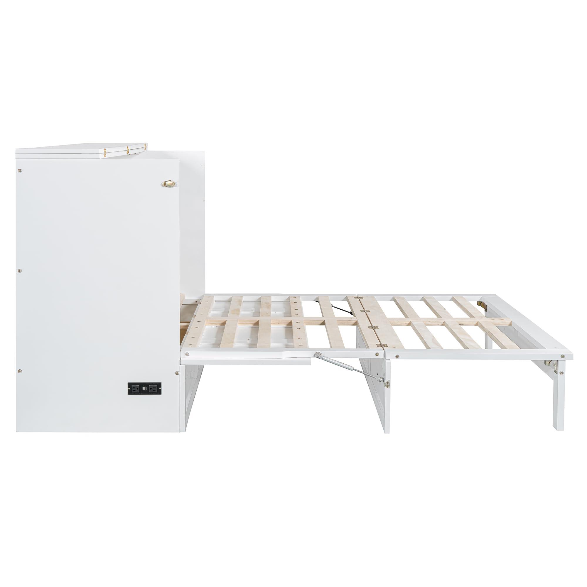 P PURLOVE P PURLOVE Queen Murphy Bed with Large Drawer, Wood Cabinet Bed with USB Ports and Three-Prong Outlets, No Box Spring Needed (White)