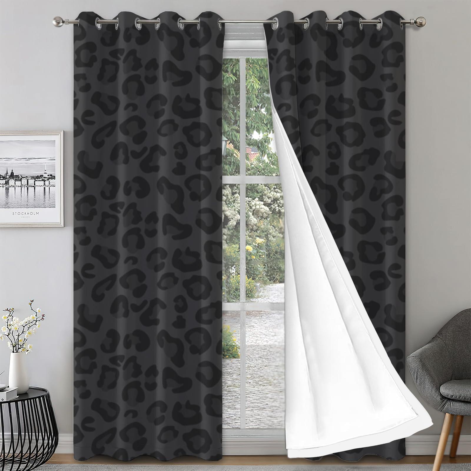 TOARTE TOARTE Black Leopard Animal Skin Window Treatments, Vintage Wild Dark Panther Fur Print Blackout Curtains for Bedroom, Grommet Thermal Insulated Curtain for Bedroom Living Room Patio - 84x108in