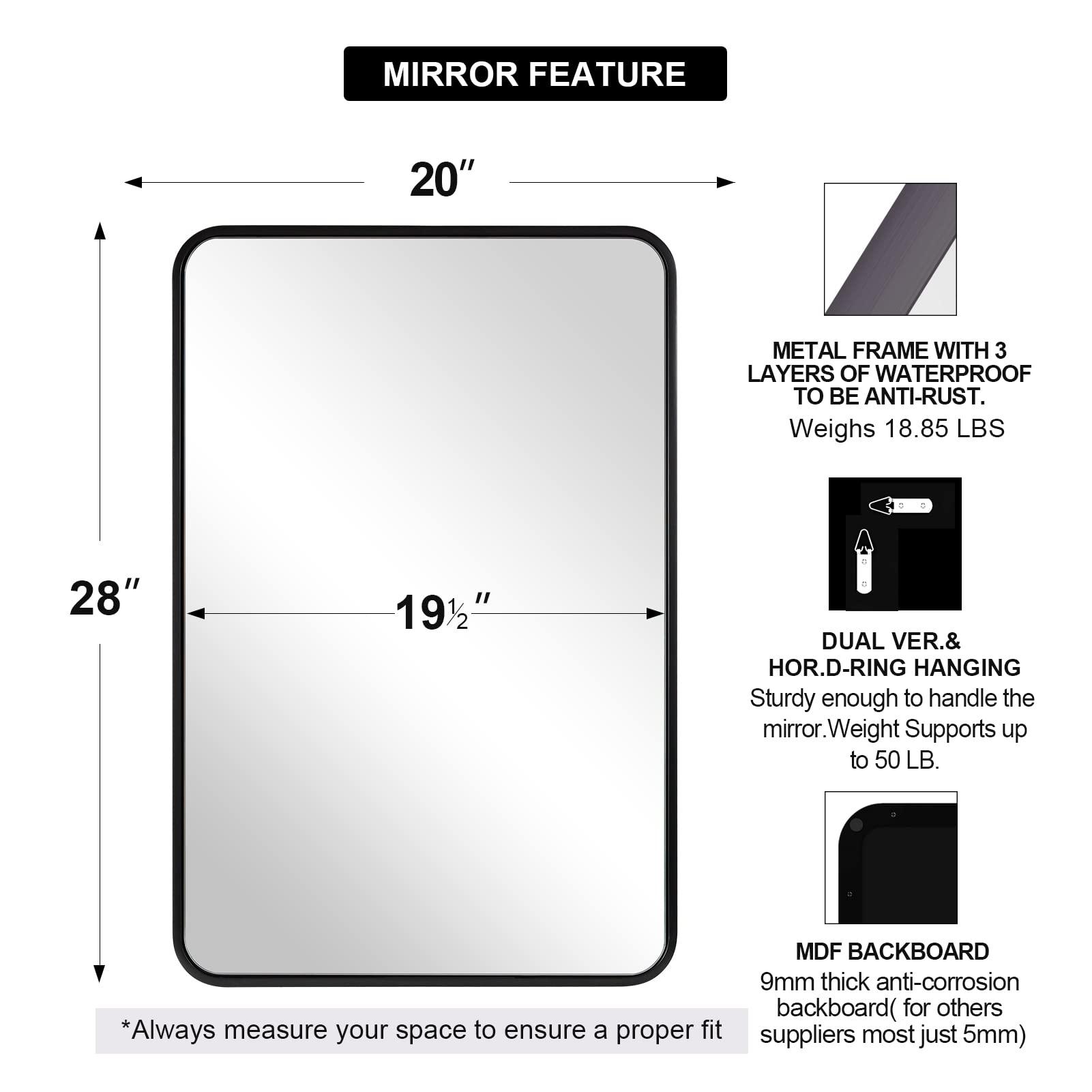 ANDY STAR ANDY STAR Matte Black Mirror for Bathroom, 20x28 Inch Rounded Rectangle Mirror, Modern Vanity Mirror Tube Metal Frame HD Reflection Wall-Mounted Mirrors Vertically or Horizontally