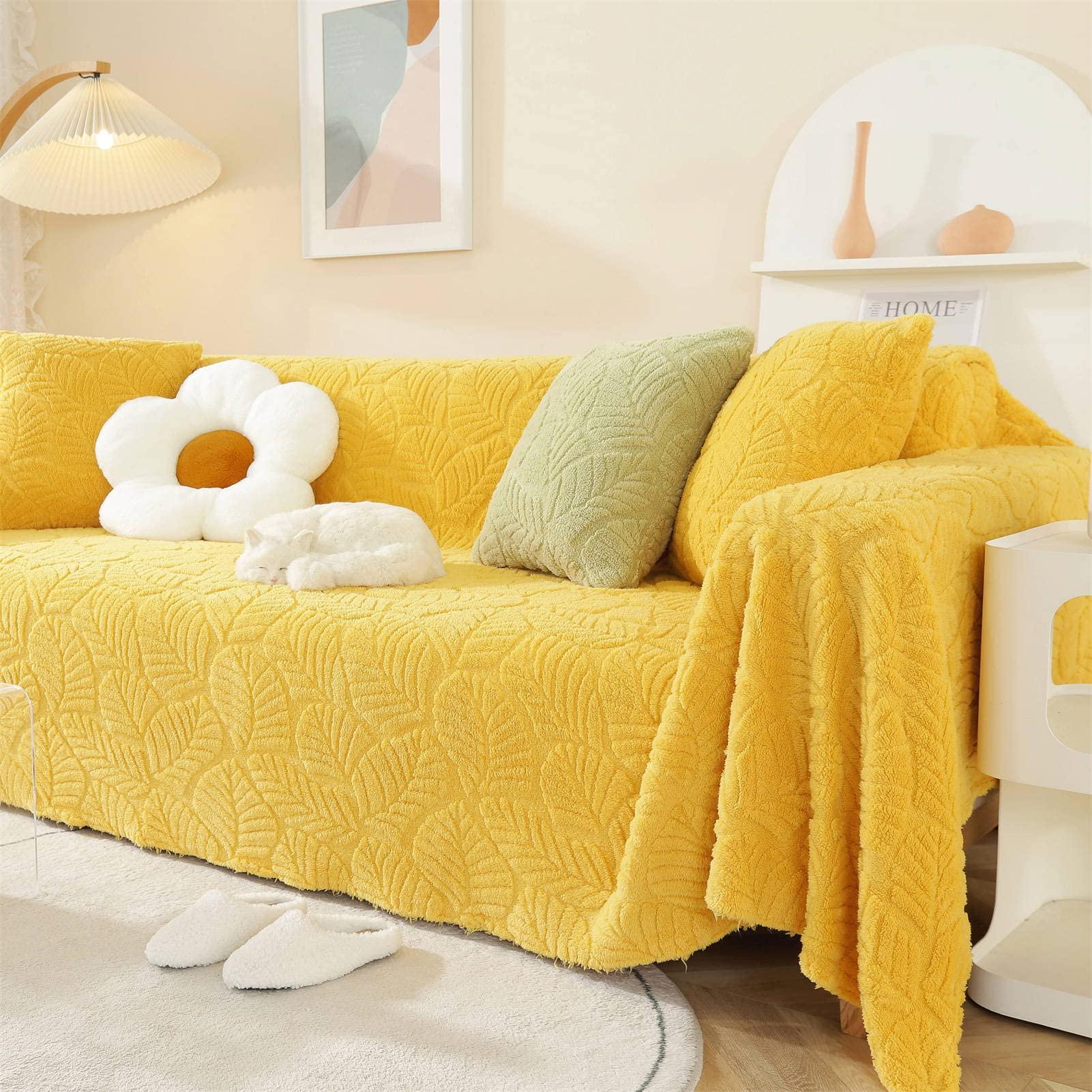 SPOUR Throws for Sofas Large Throws for Settees, Soft Cozy Warm Fluffy Jacquard Blanket for Couch Beds Sofa, Solid Color Sofa Throw Blanket (Yellow-A,180x130cm)