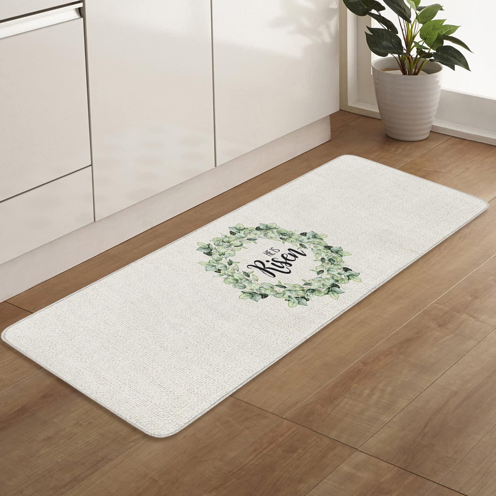 Carosoffe Easter Kitchen Rugs Set of 2 Floor Mats, Spring Eucalyptus Leaf Wreath Burlap Texture Kitchen Rugs and Mats Non Skid, Cushioned Comfort Standing Mats, 16"x24"+16"x48"