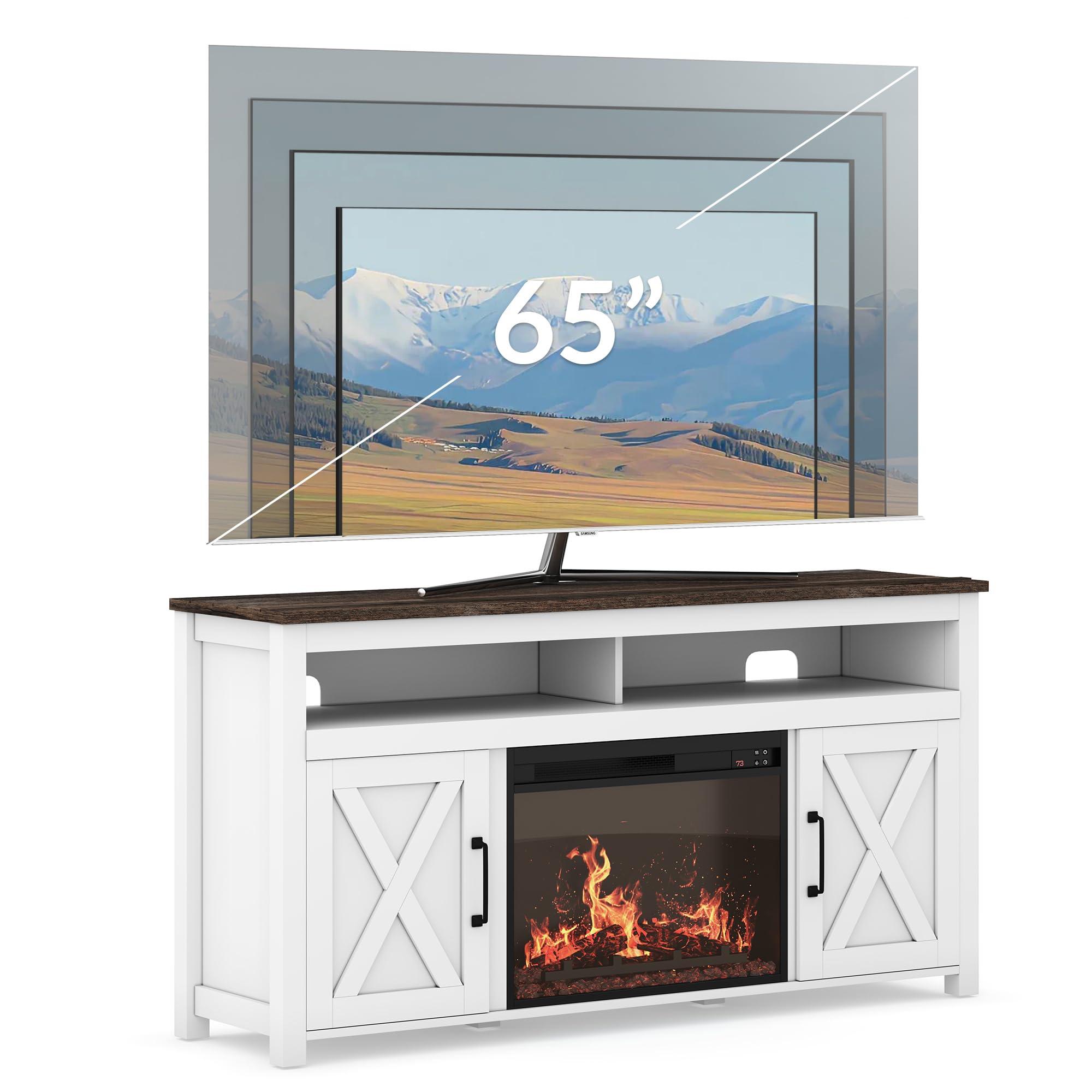 BELLEZE BELLEZE 58" Farmhouse Fireplace TV Stand for TVs up to 65", 23" Electric Fireplace Heater with Sound, Entertainment Center Media Console Table Barn Door Storage Cabinets for Living Room - White