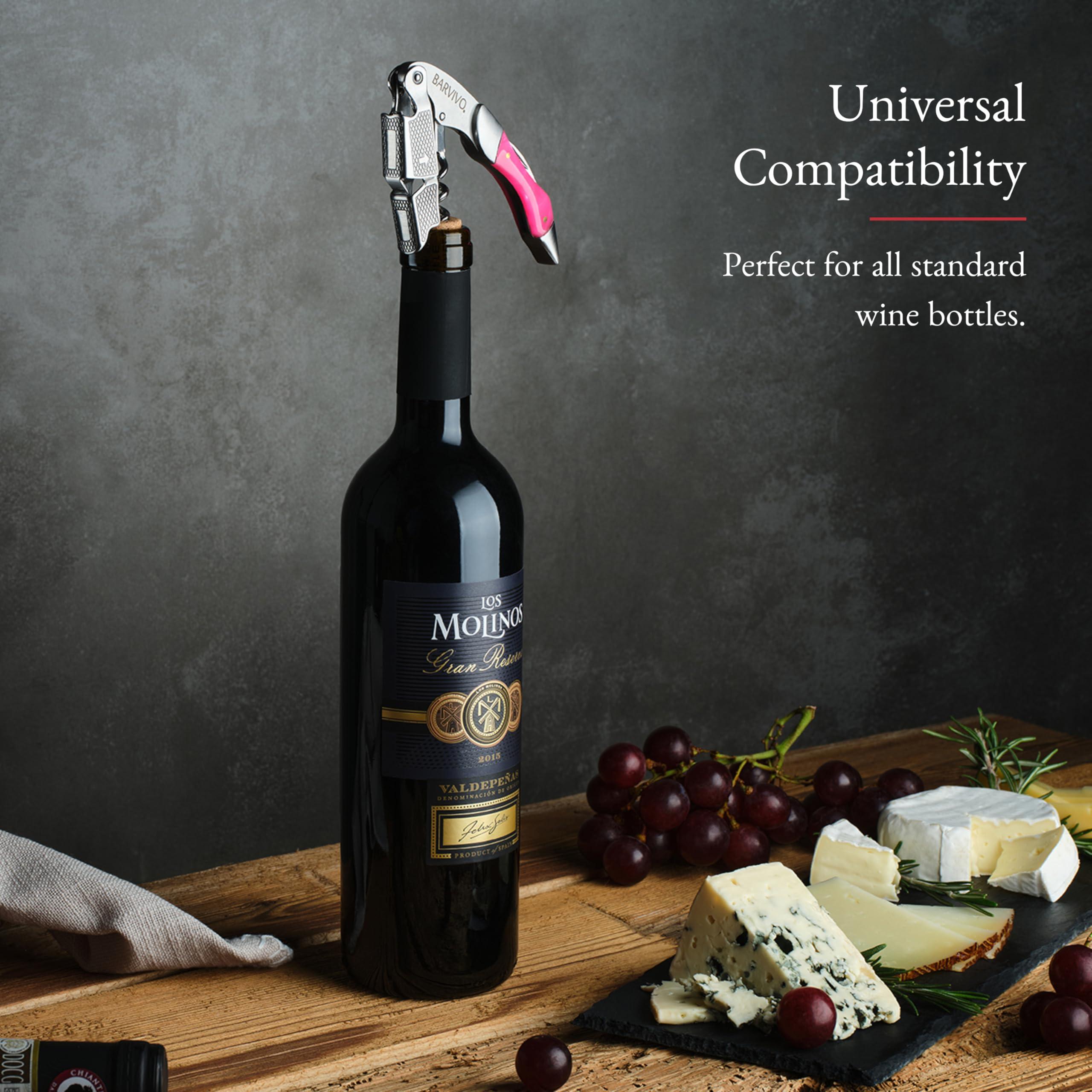 Barvivo Barvivo Wine Opener with Foil Cutter and Cap Remover - Double Hinged Corkscrew for Bartenders - Stainless Steel Wine Key for Easy Bottle Opening - Manual Wine Bottle Opener - Pink Resin, 4.7x1.2-Inch